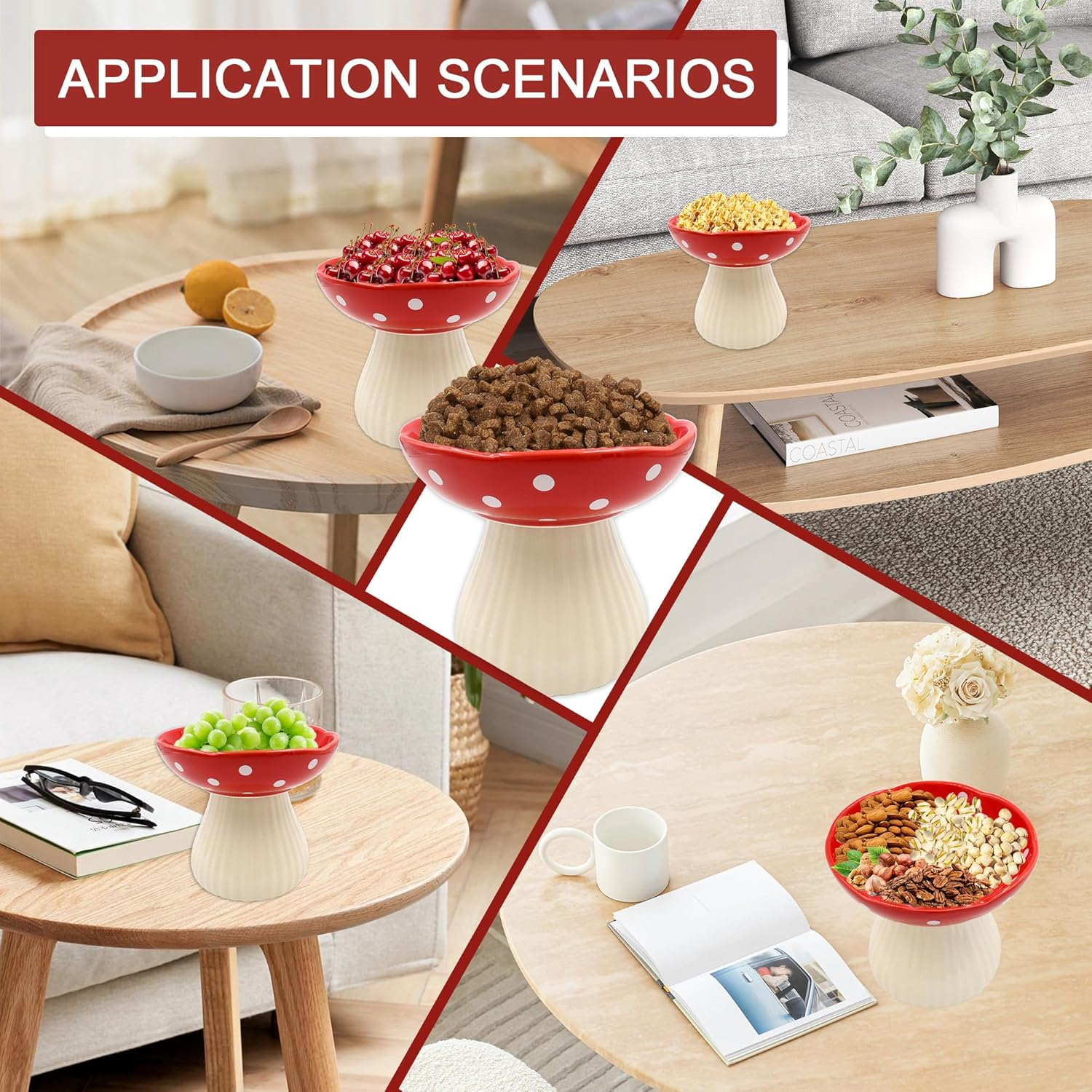 Ceramic Raised Cat Bowl, Wide Shallow Elevated Cat Bowls Whisker Friendly, Cute Mushroom Cat Food Bowls Elevated for Flat Faced Kitten, Cat Dishes for Food and Water (Red) image number 4