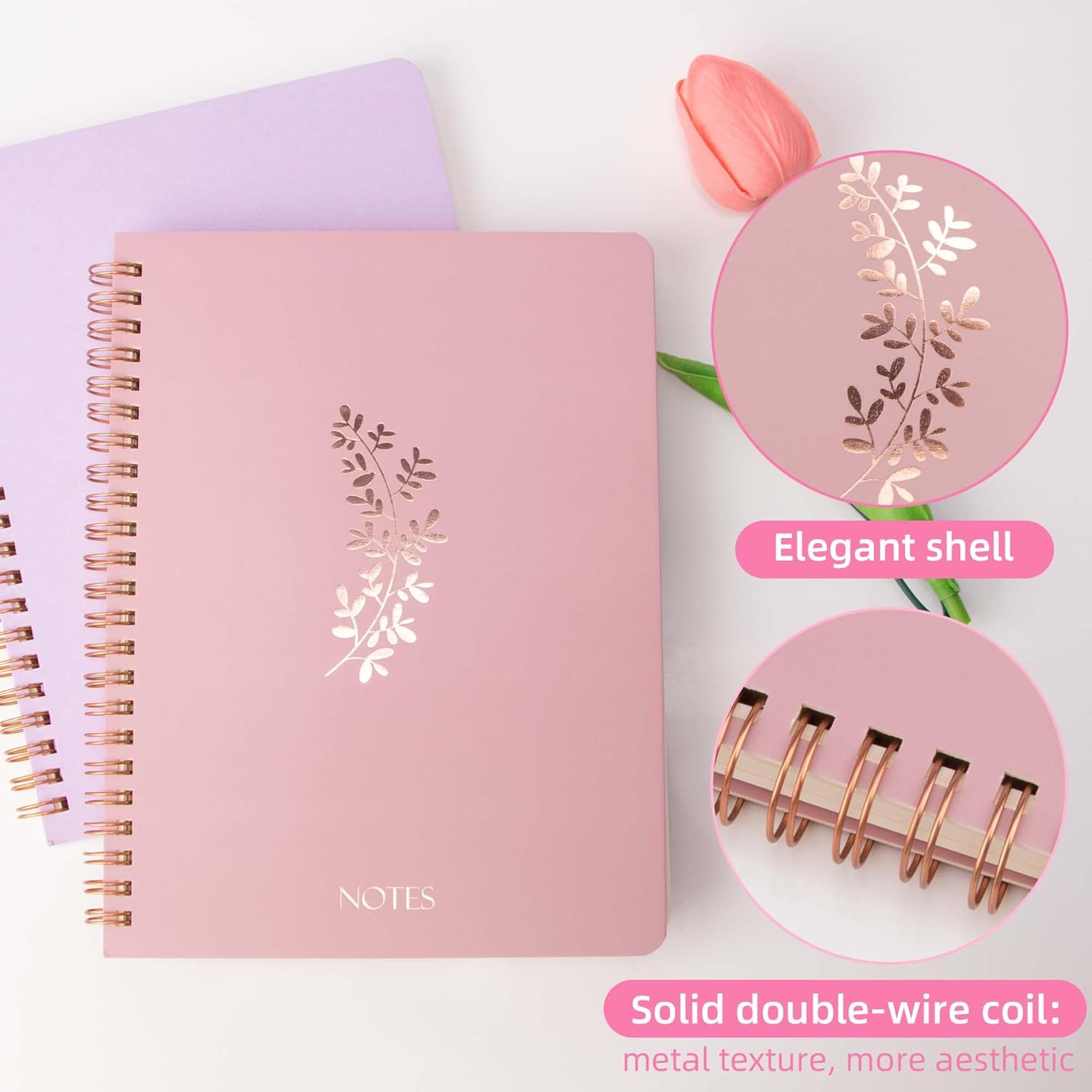 Cute Spiral Notebook A5, Aesthetic Floral Design Spiral Journal for Women Girls with Pocket & Lined Pages, 8MM 160 Pages/80 Sheets Wirebound Note Book for Work Office School, 3 Colors image number 1