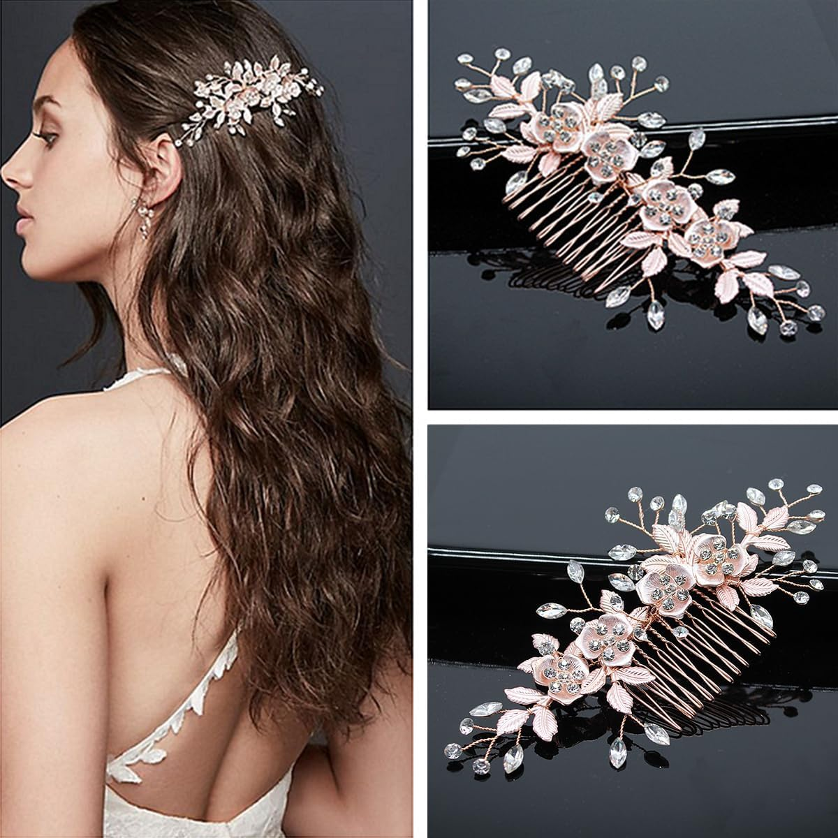 CENPEK Wedding Hair Pin for Women Rose Gold Rhinestone Wedding Hair Pin Handmade Floral Rhinestone Headpiece for Bride Bridesmaids Hair Pin