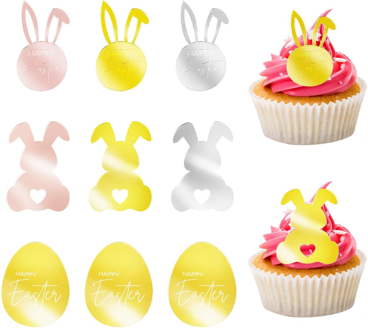 HAIKING Easter Cupcake Toppers, 9 PCS Plastic Mirror Engraved Cupcake Decorations for Easter Day, Party Supplies, DIY Craft (3 Styles) image number 3