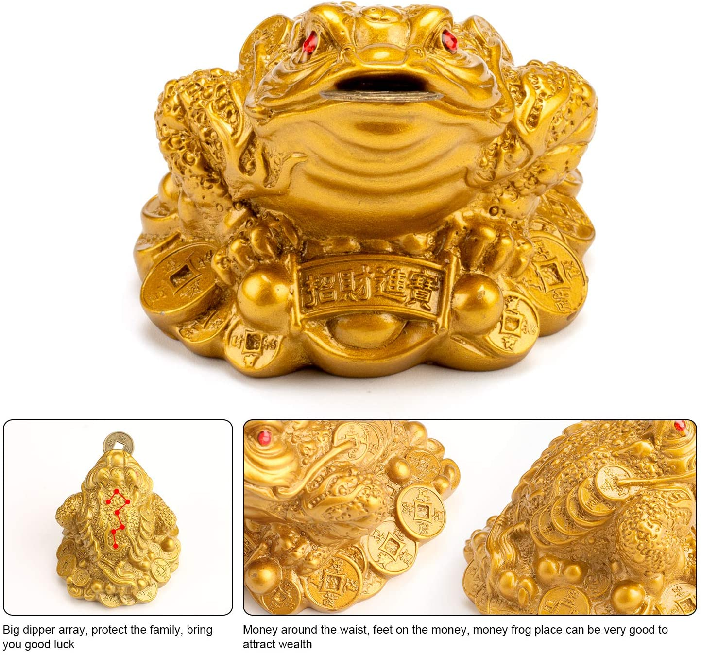 Wschic Feng Shui Money Frog, Lucky Chinese Toad with Coin,Ideal for Office and Home Decoration - Gold image number 6
