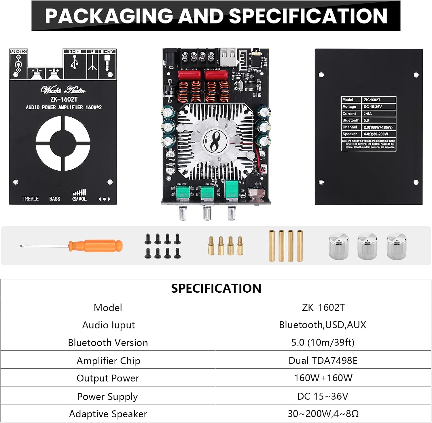 Audio Amplifier Board, ZK-1602T Bluetooth Power Amp for Home Speakers 2.0 Channel 160W+160W Stereo Mini Amplifier Module TDA7498E Chip W/TB, USB, AUX, DC 15-36V