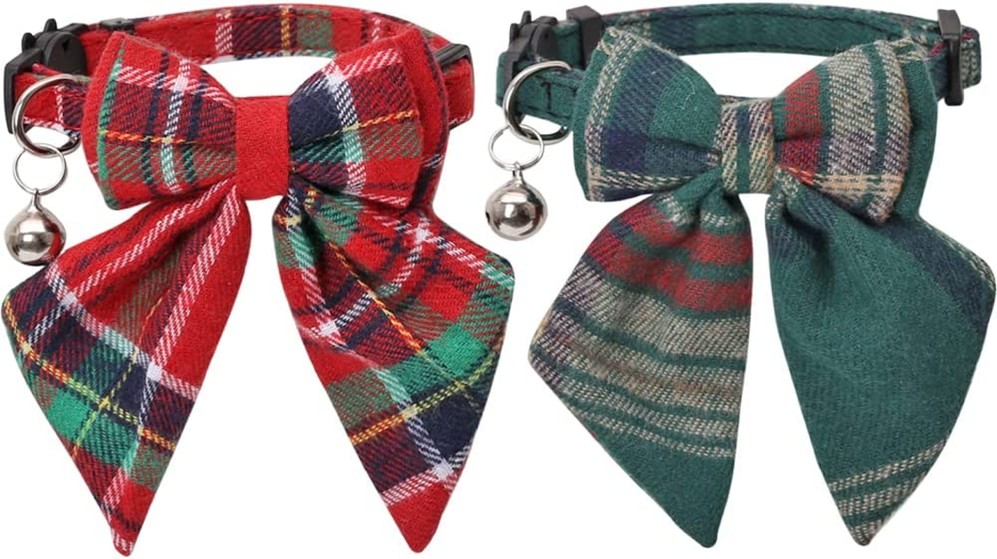Christmas Cat Collar Breakaway with Cute Removable Bow Tie Bandana and Bell for Kitty Adjustable Safety Plaid