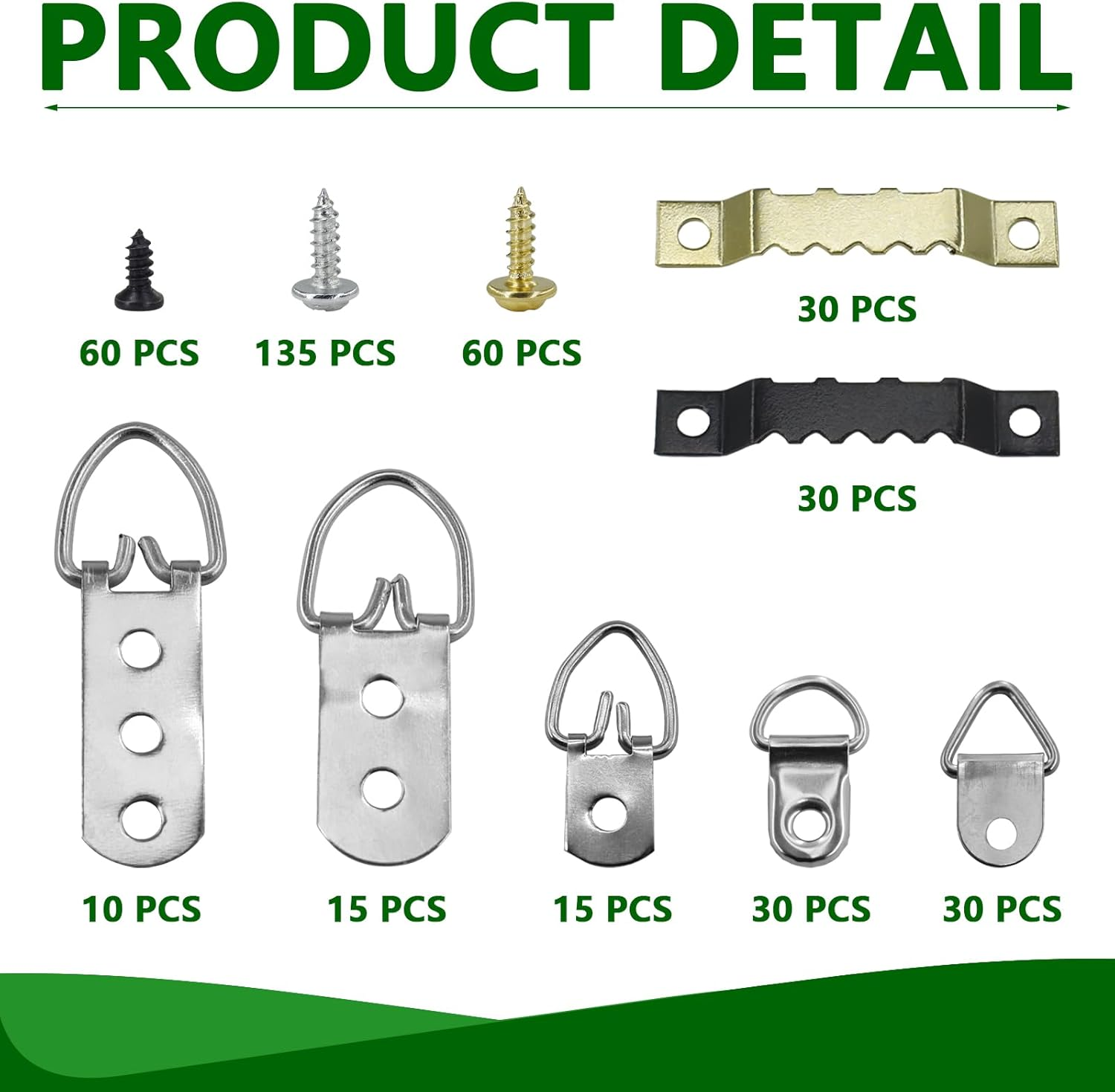 SHRJ 415Pcs Picture Hangers Kit, 7 Sizes D Ring Hangers Sawtooth Hangers Assorted Kit with Screws Boxed Metal Accessories for Wall Mounting Heavy Picture Canvas Paintings Photos Frame Board Clock image number 1