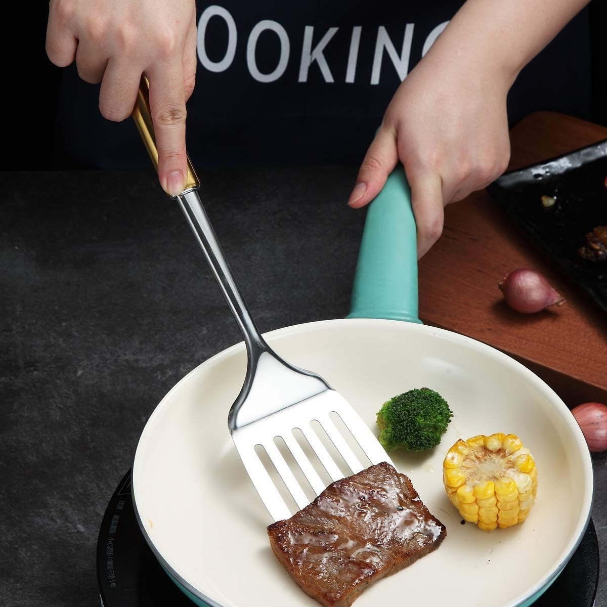 Berglander Spatula, Stainless Steel Gold Handle Slotted Turner, Golden Handle Spatulas with Titanium Plating, Kitchen Spatula for Cooking, Barbeque Turner, Spatulas for BBQ (Gold Handle) image number 3