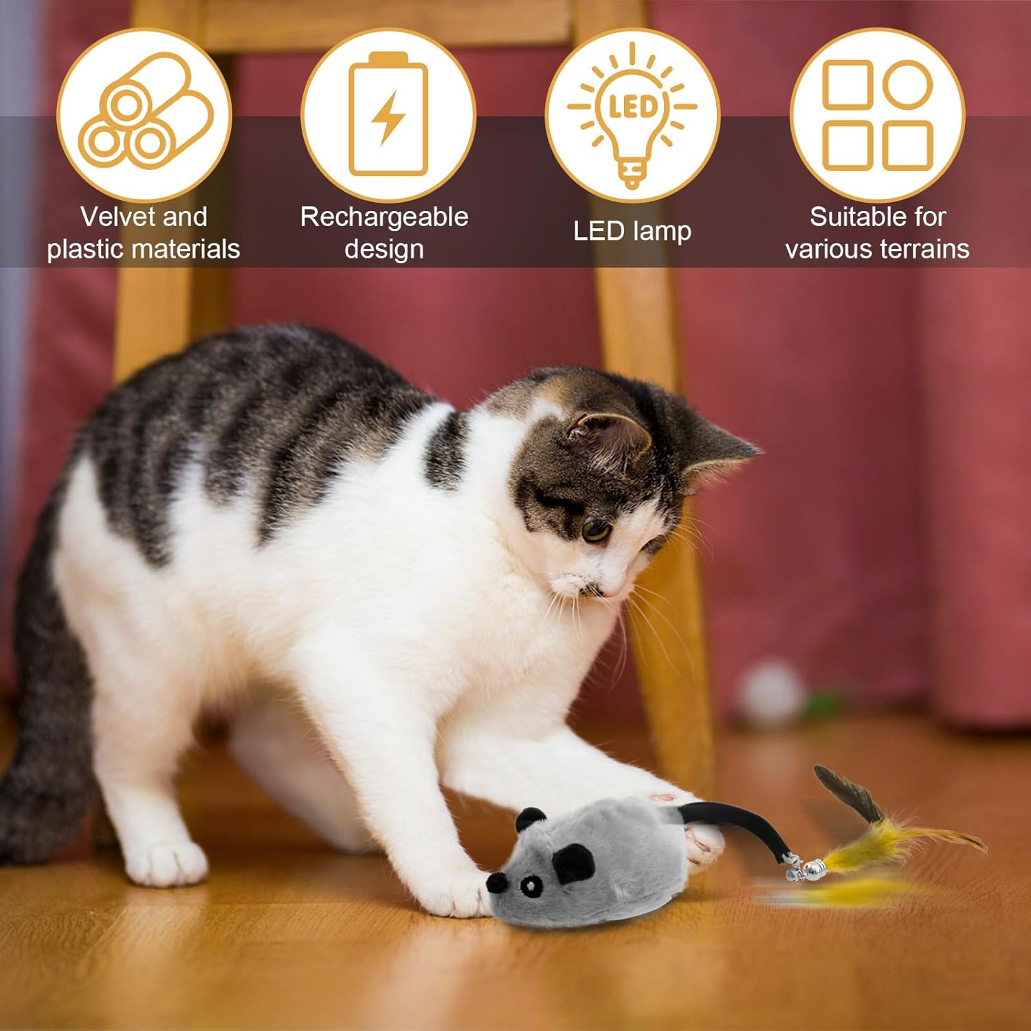 Interactive Cat Toys Mouse Moving Cat Toys Mouse for Indoor Cats, Safe Mouse Toy Feather Bell Tail Realistic LED Cat Mouse Toys Versatile Rechargeable LED Cat Mouse Toy (Grey) - Grey image number 4