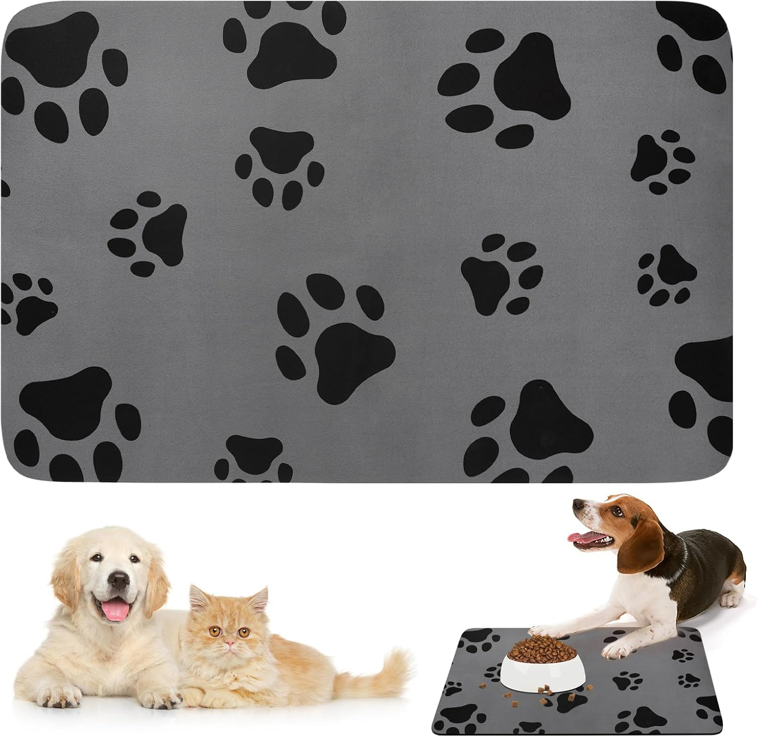 Bowl Mat Dog and Cats, Pet Feeding Bowl Mat 60 X 40 Cm Petfood Mat Cat Mat Food Non-Slip Dog Bowl Mat Absorbent Quick Drying Feeding Mat Cats (Grey)