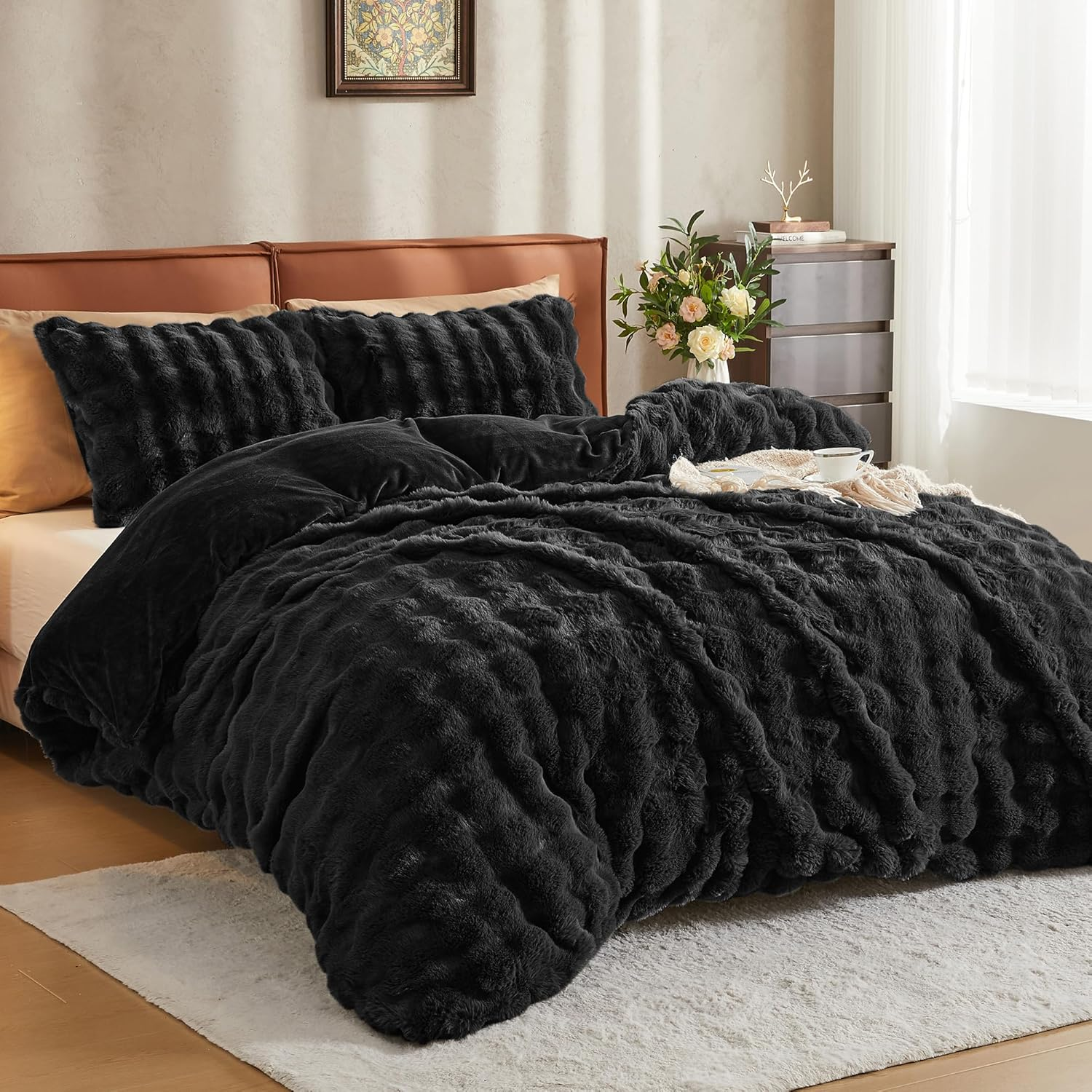 JELLYMONI Plush Duvet Cover Set - Twin Size Black Faux Fur Comforter Cover 2Pcs Bedding Set Luxury Ultra Soft Striped Fluffy Duvet Cover with Zipper and 1 Pillowcase (NO Comforter)