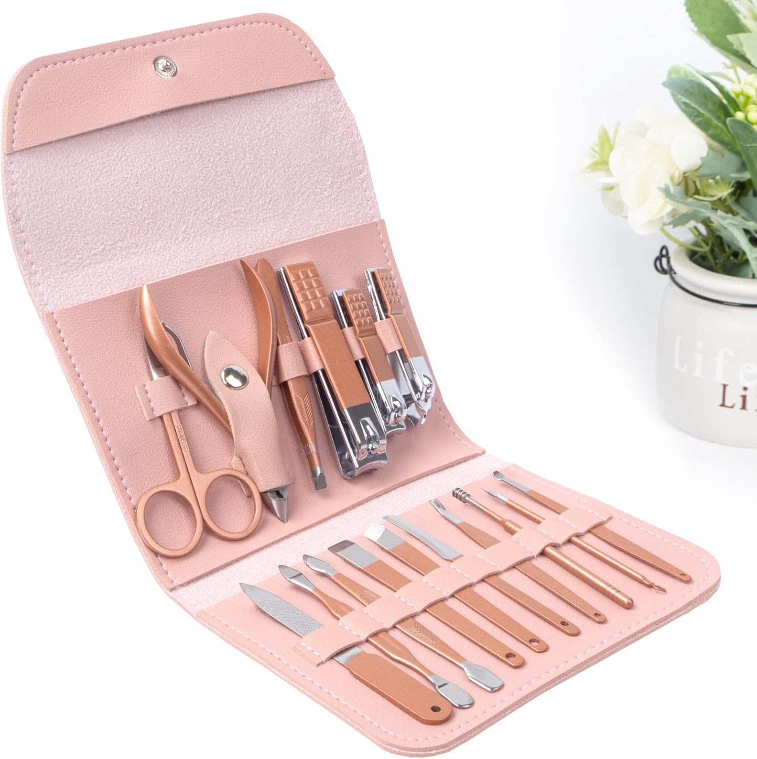 DAWNTREES Nail Clippers Set 16 in 1 Manicure Set Stainless Steel Professional Pedicure Set,Women'S Nail Clippers,Rose Gold Nail Scissors,Nail File, Nose Hair Scissors,Eyebrow Razor.