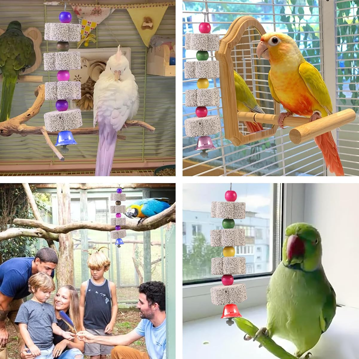 Ruayia Bird Chew Toy, 2 Pieces Birdbeak Whetstone with Bell, Parrot Beak Whetstone for Cockatoo Budgie Parakeet Cockatiel Lovebird, Hanging Swing Bird Cage Accessories