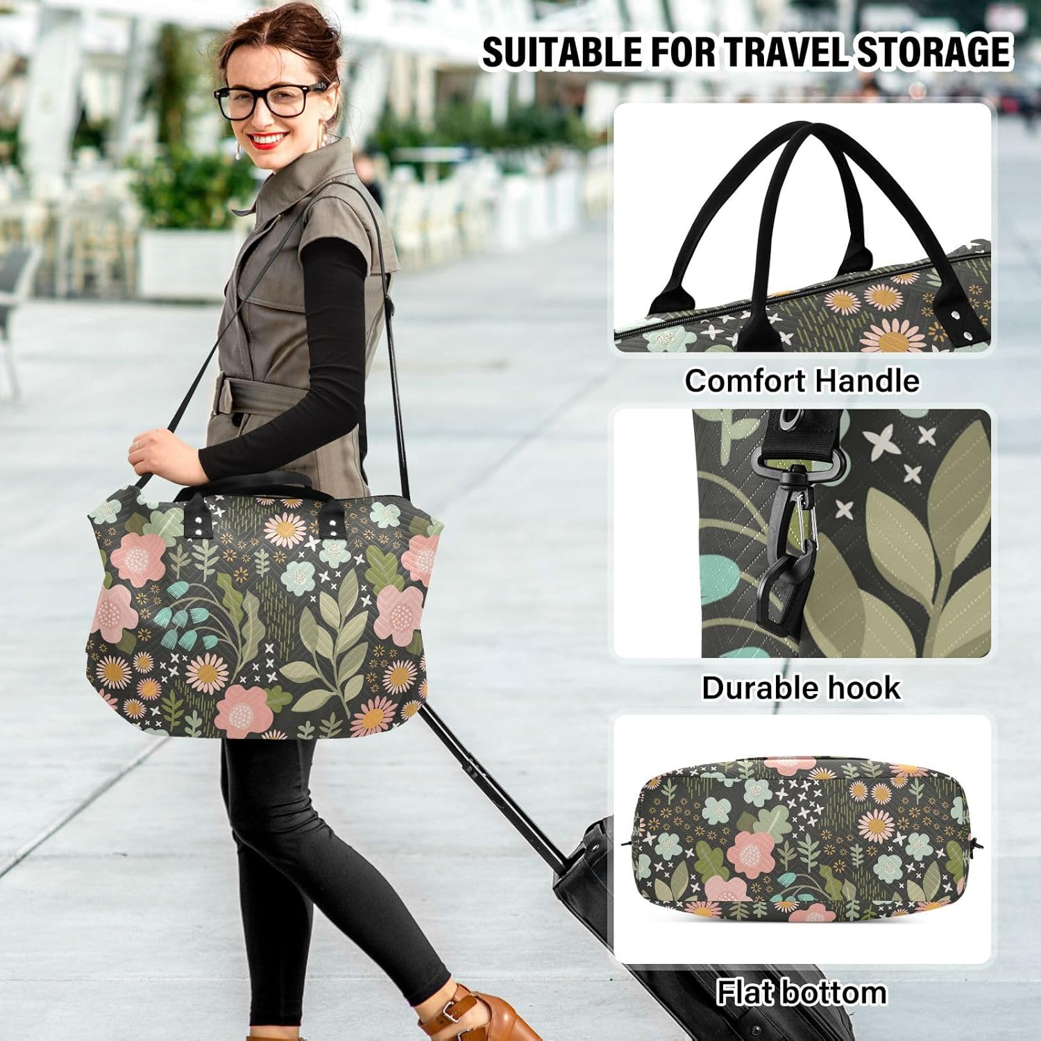 Duffel Bags Carry on Shoulder Weekend Tote Delicate Floral Adventure Gym Sports Carry with Adjustable Strap For, Delicate Floral Adventure, Set of 2, Art Deco image number 3