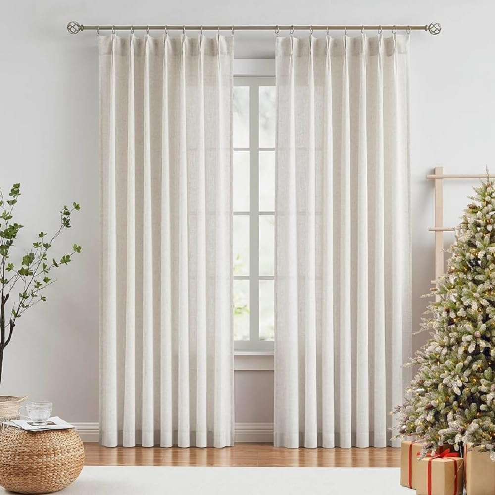 Exclusive Home Curtains Belgian Pinch Pleat Sheer Textured Linen Look Jacquard Pinch Pleat Panel Pair, 50X96, Snowflake, 2 Count