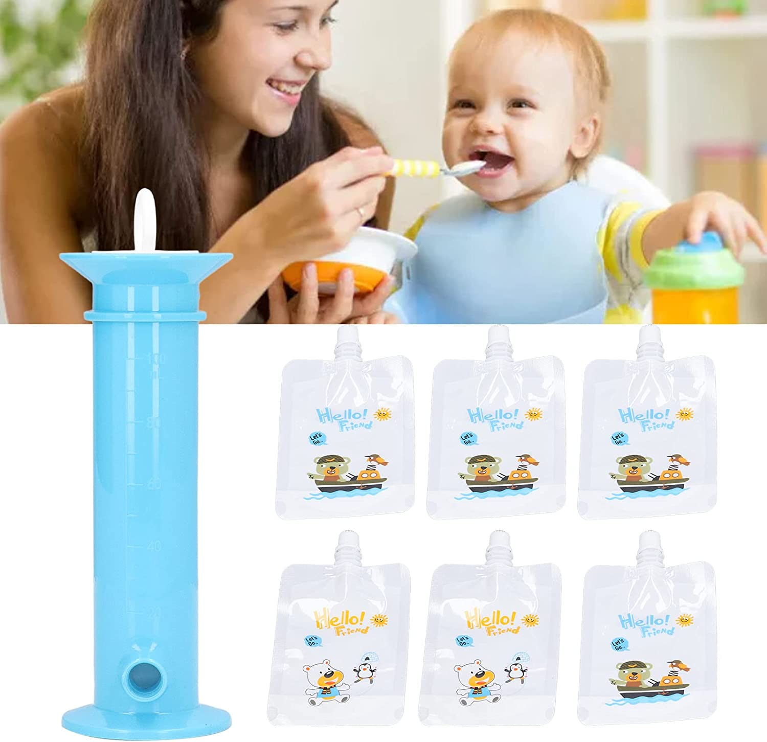 Squeeze Station, Reusable Pouch Filling Station with 6 Pouches for Infant, Babies and Toddlers, Portable Fruit Juice Food Maker for Homemade Baby Food, Semi Solid Food (Blue) image number 6