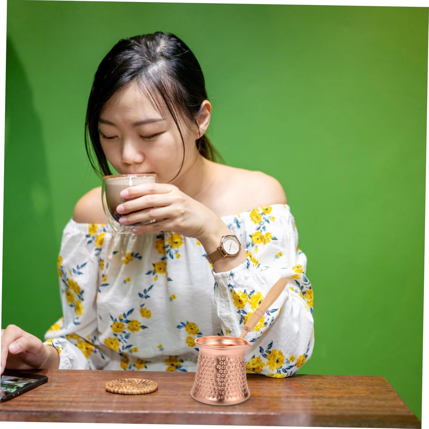 CIYODO Turkish Coffee Pot 350Ml Copper-Coated Espresso Pot with Wooden Side Handle Non-Stick Household for Stovetop Brewing image number 6