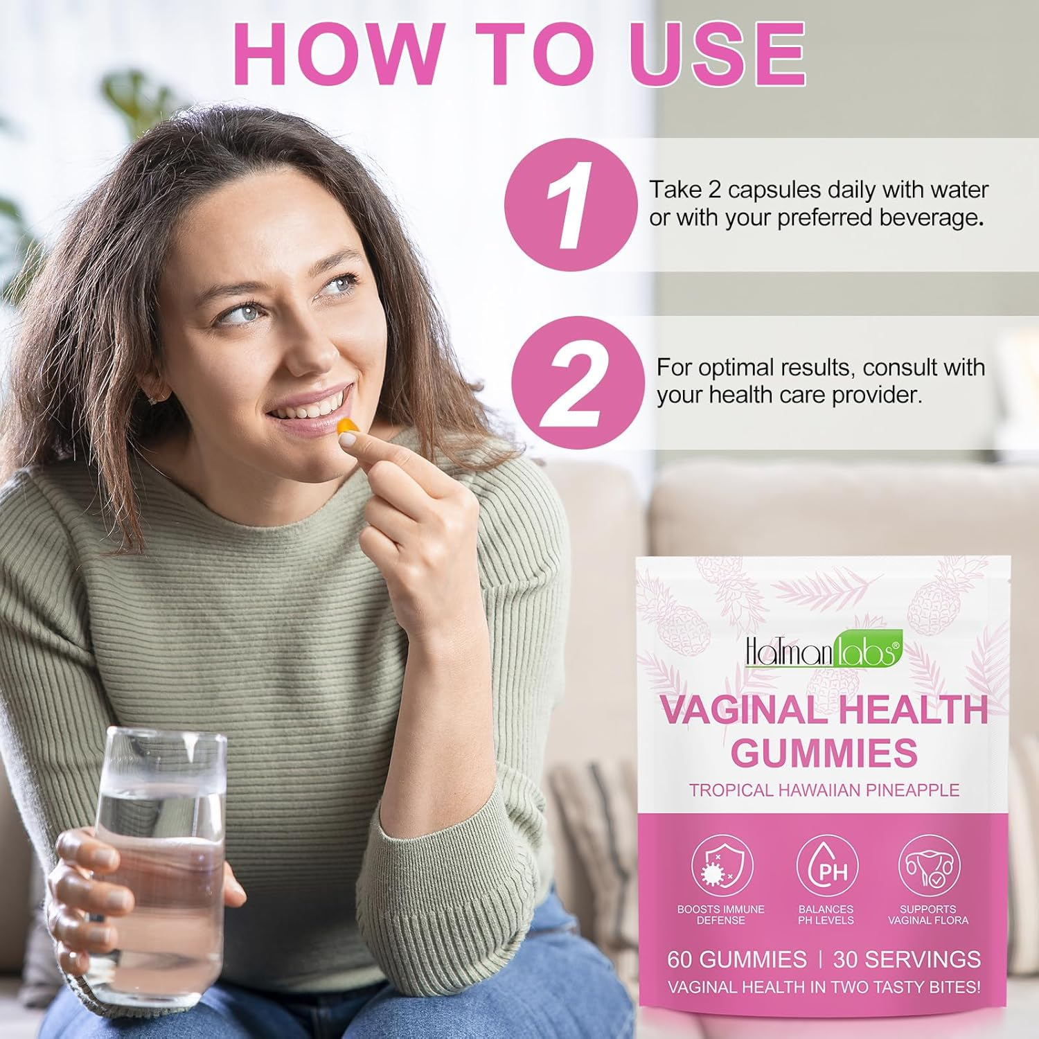 Vaginal Probiotic Gummies for Women | Promotes Balanced Flora, Women&rsquo;S Wellness, and Immune Support with Vitamin C | Natural Pineapple Flavor | 60 Gummies image number 1