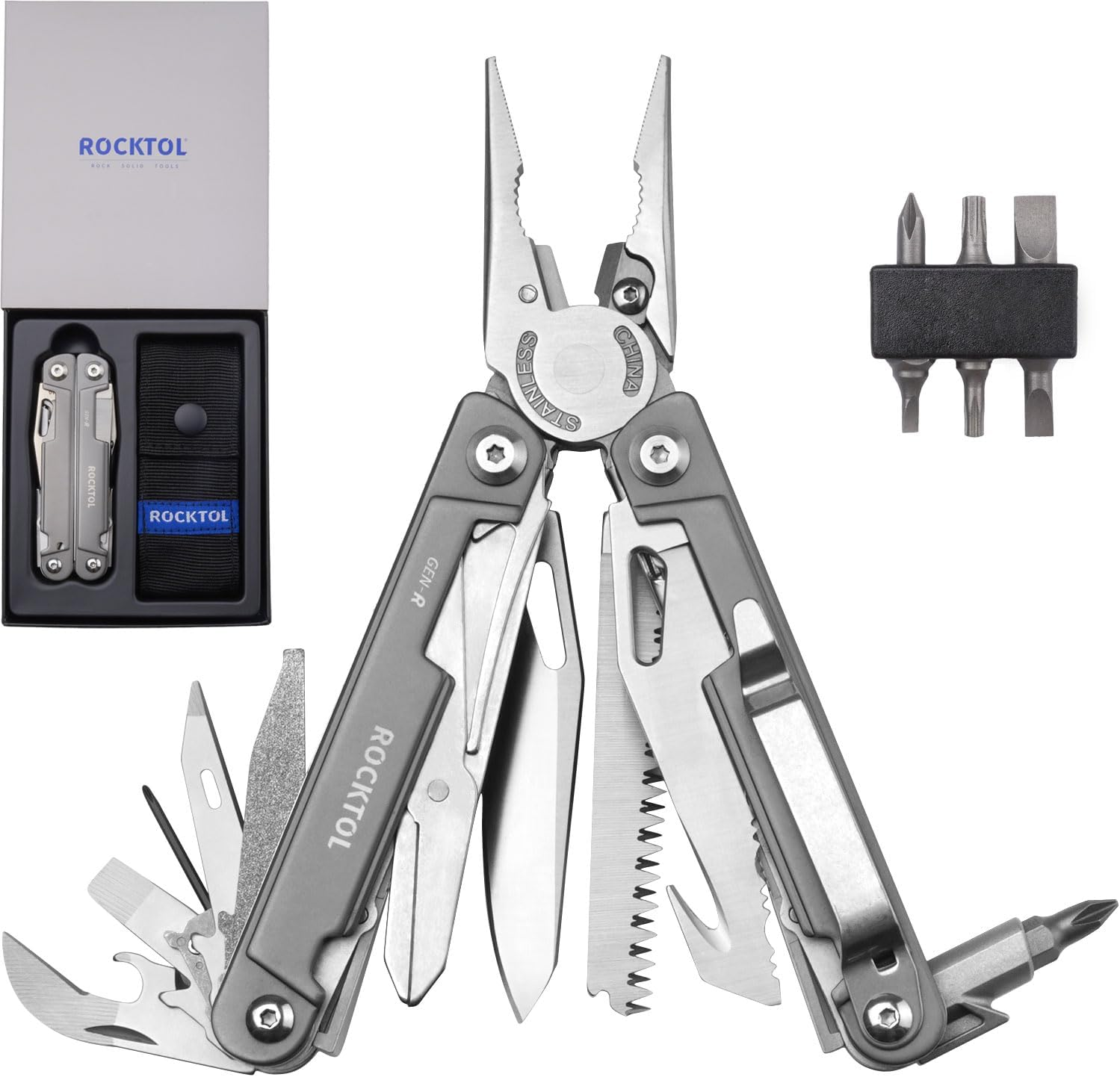 ROCKTOL Multitool Pliers, EDC Multitool Pocket Knife VG10 Blade, 27-In-1 Multi-Tool with Titanium-Plated Handle, Precision Screwdriver, Gut Hook for Hunting, Backpacking, Hiking, Camping, (Gen-R) image number 5