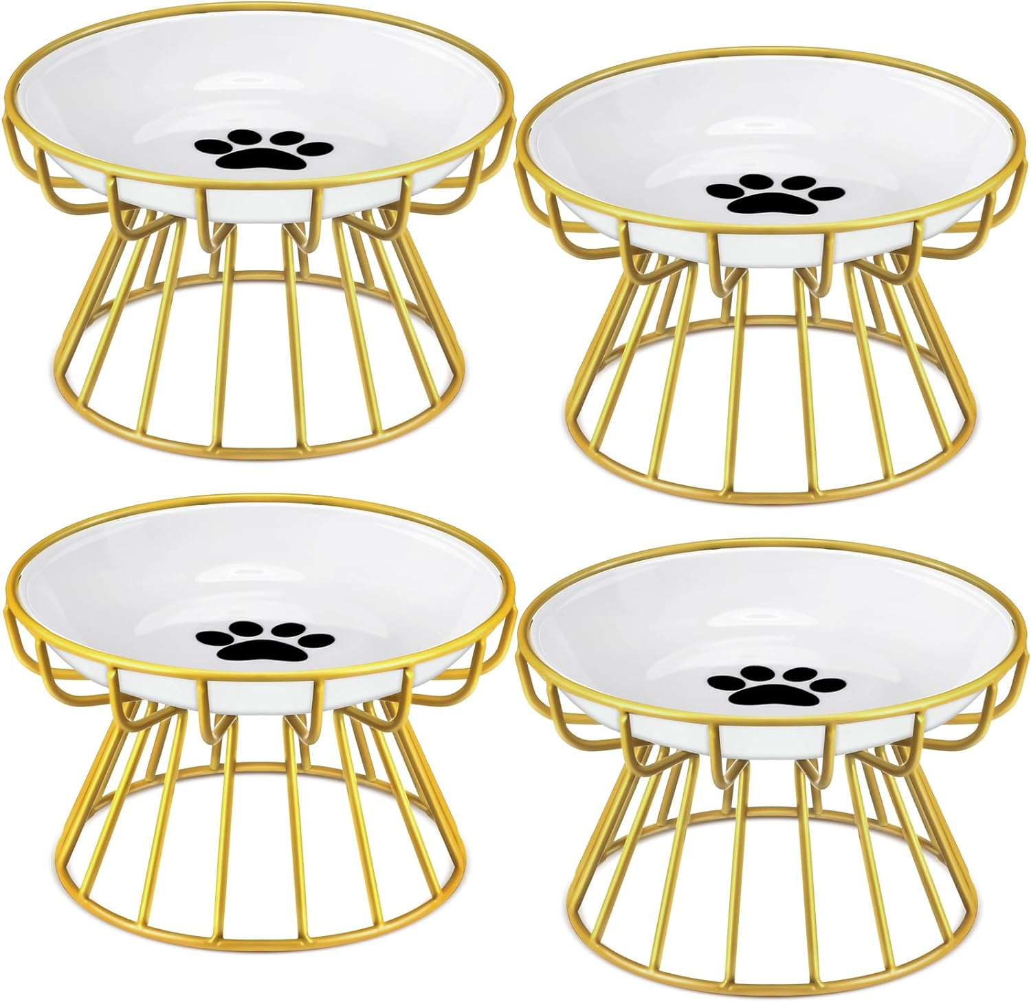 Roshtia 4 Sets Elevated Cat Bowls Ceramic Raised Cat Food Bowls with Metal Stand Dishwasher Safe Dishes Non Slip Elevated Food Plate(Black,Paw)