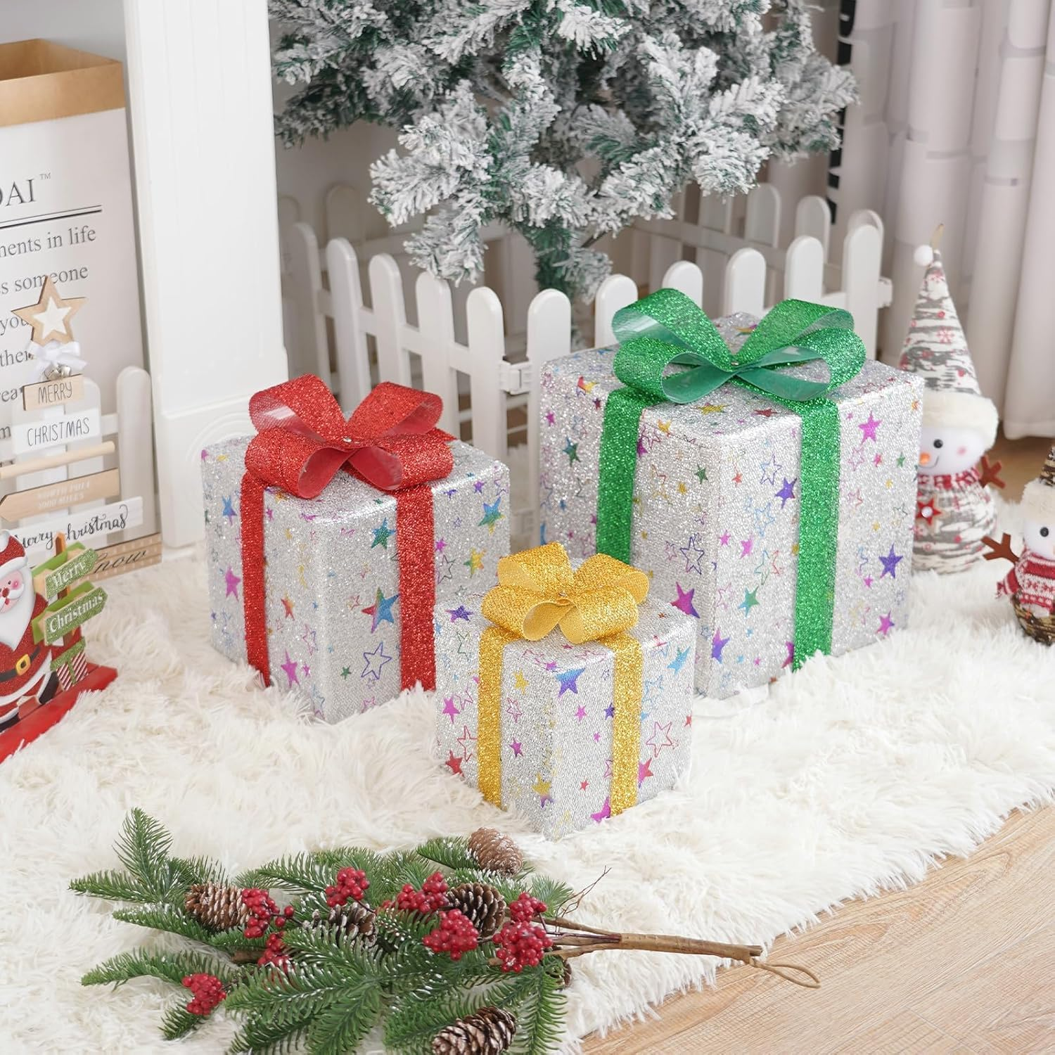 Christmas Lighted Gift Boxes Decorations, Indoor Outdoor Decorations, 3Pcs Gift Box 3D Decoration Water Resistant for Yard, Porch, Party, Christmas Tree image number 2