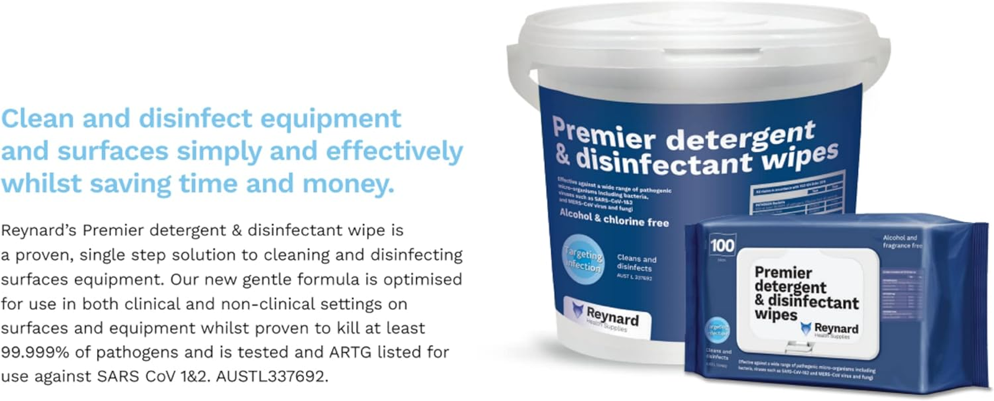 Reynard Health Supplies Premier Detergent & Disinfectant Wipes, Kill Sars-Cov-1&2 in 30 Secs, 33 X 22 Cm, 50 Count (RHS216) image number 3