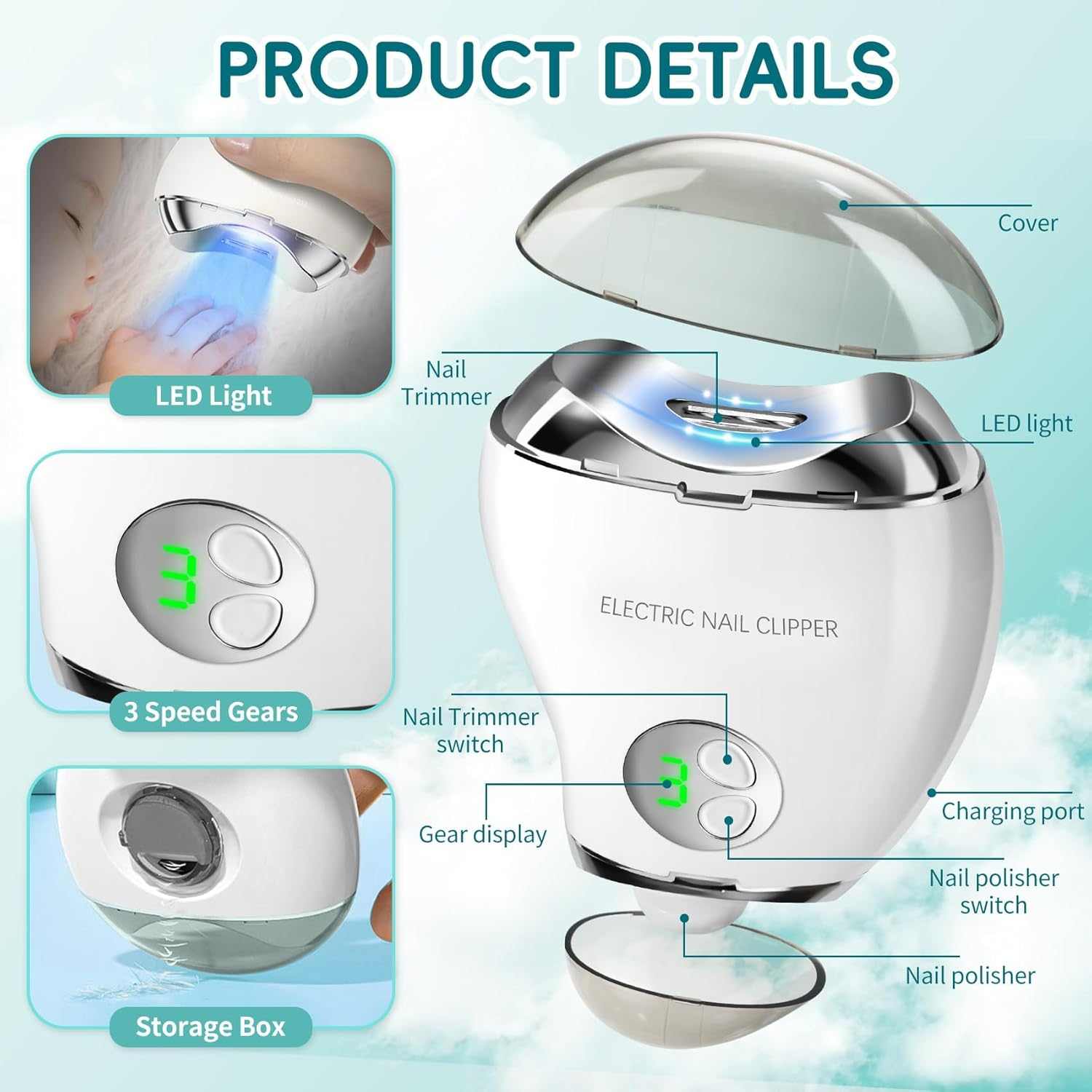 Electric Nail File for Thick Nails: Rechargeable Toe Nail Cutter with 3-Speed, LED Light & Safety Guard, Gentle for Seniors and Children (Black)