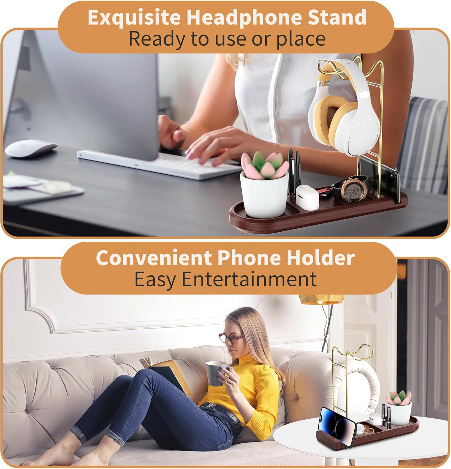 ATSKIM Wooden Headphone Stand for Desk, Headset Holder with Storage Base, Game Controller and Headset Stand for Airpod Max and More, Desktop Headphone Hanger for Gaming, Office (Gold) image number 2