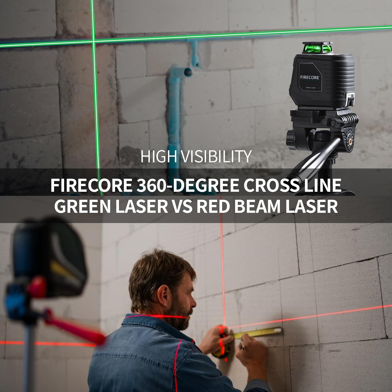 Firecore 360&deg; Laser Level with Tripod, 100Ft Self Leveling Laser Level Green Cross Line Laser Leveler Tool for Picture Hanging Wall Tile Floor Construction, 60" Compact Tripod & Carry Pouch Included image number 4