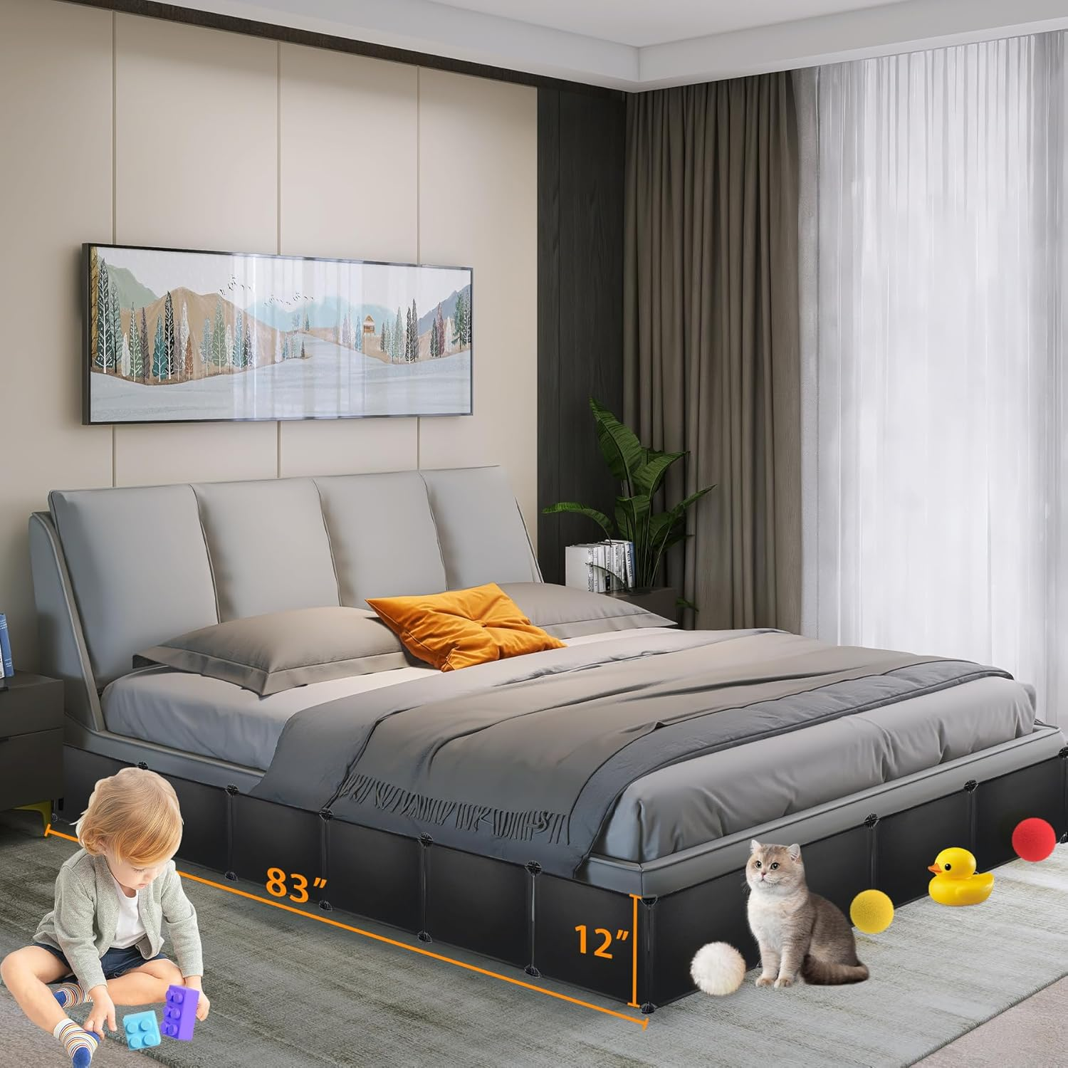 Under Couch Blocker for Toys under Bed Blocker for Pets 166&rdquo; Length 11.8" Height in Total under Furniture Blocker with Sticky Double Side Tape, Connectors and Zip Ties for Pets, Black image number 4