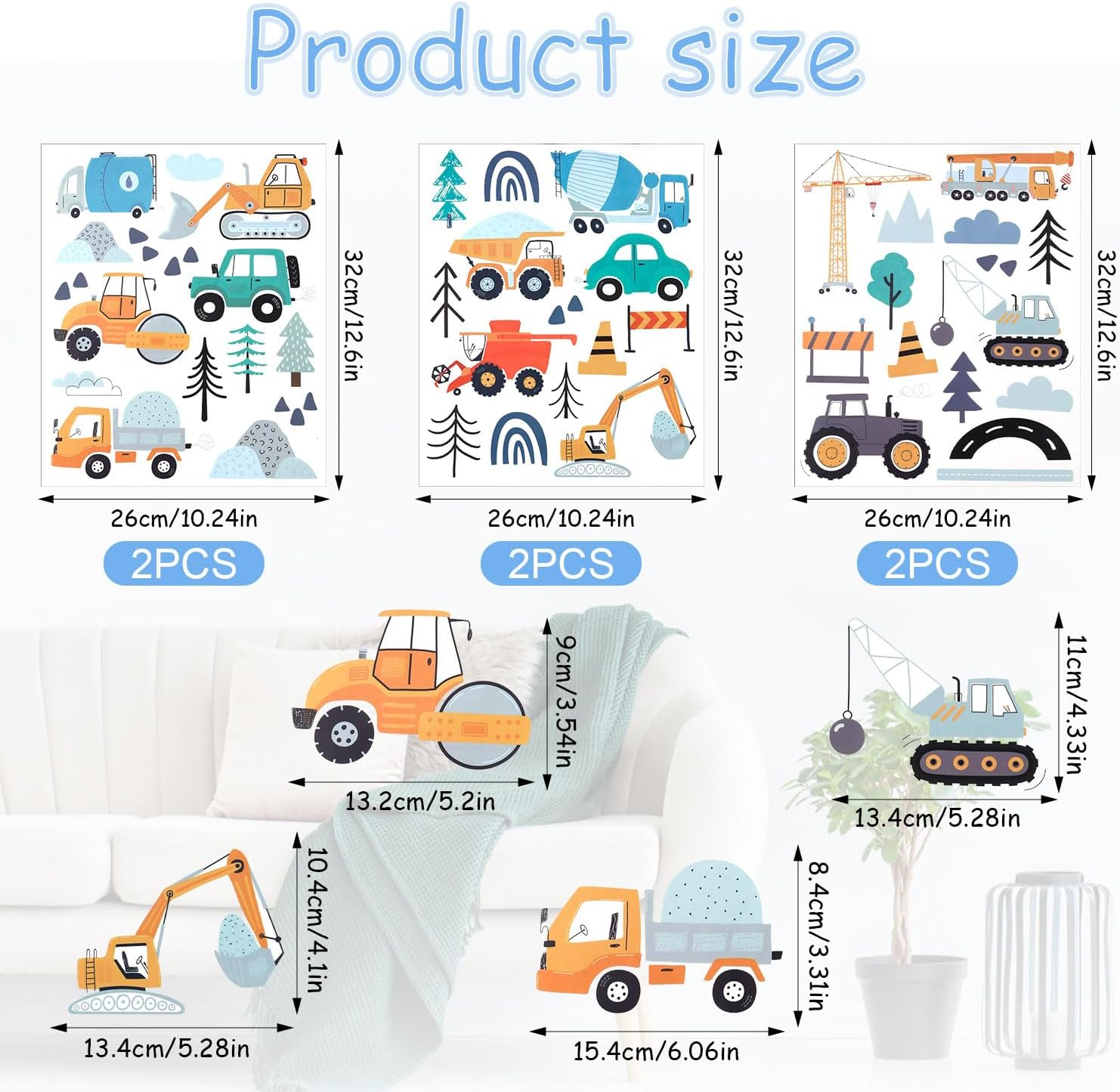 90Pcs Construction Vehicles Wall Decals, Boho Transportation Wall Stickers Engineering Vehicles Excavator Crane Trucks Peel and Stick Wall Decors for Boys Kids Babies Bedroom Decoration image number 4