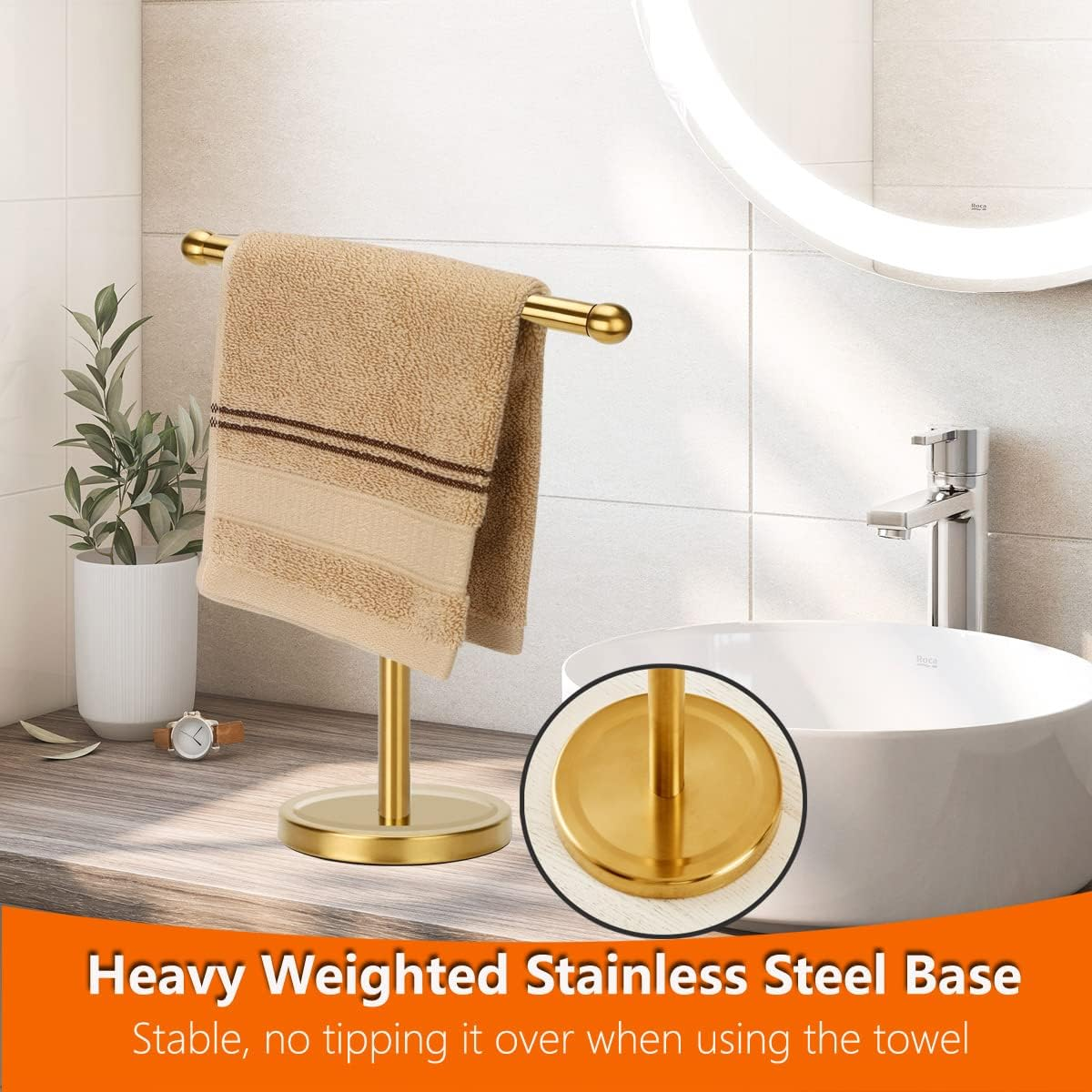 Gold Hand Towel Holder Stand with Heavy Stainless Steel Base, T-Shape Towel Rack, Free-Standing Towel Holder Countertop for Bathroom (Brushed Gold) - Brushed Gold image number 5