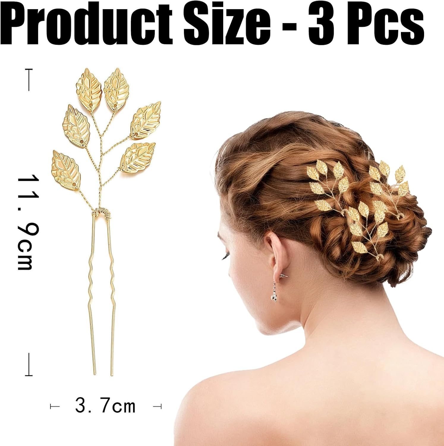 3 Pcs Gold Leaf Hair Pins,U-Shaped Gold Leaf Hair Bun Accessories,Chignon Hairpin for Wedding Bridal Headpiece Decorations image number 5