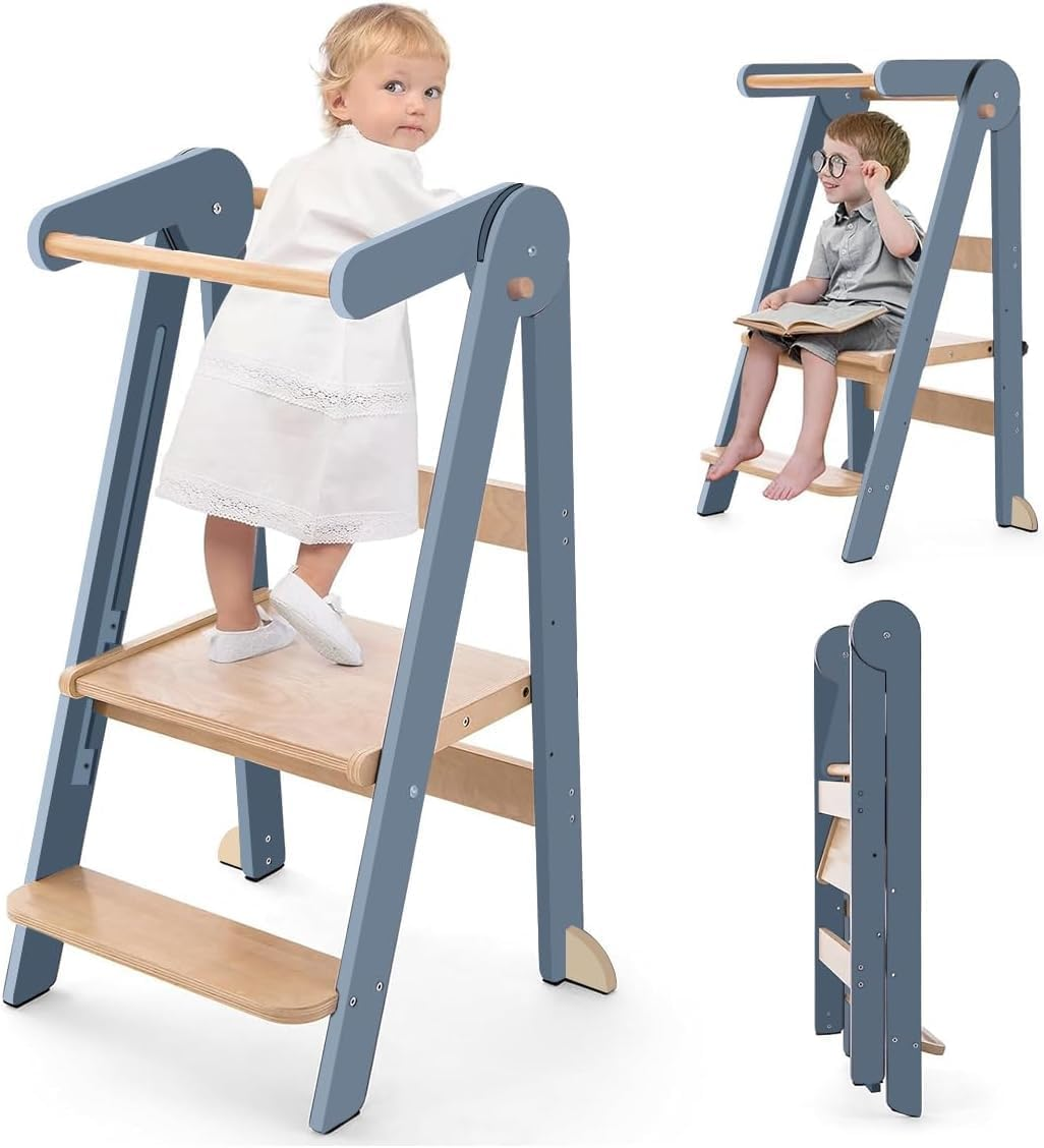 Forubar Learning Tower Toddler Tower, Foldable Learning Tower, Kids Step Stool with Adjustable Height, Kids Montessori Kitchen Bedroom Helper with Safety Rail (Grey)