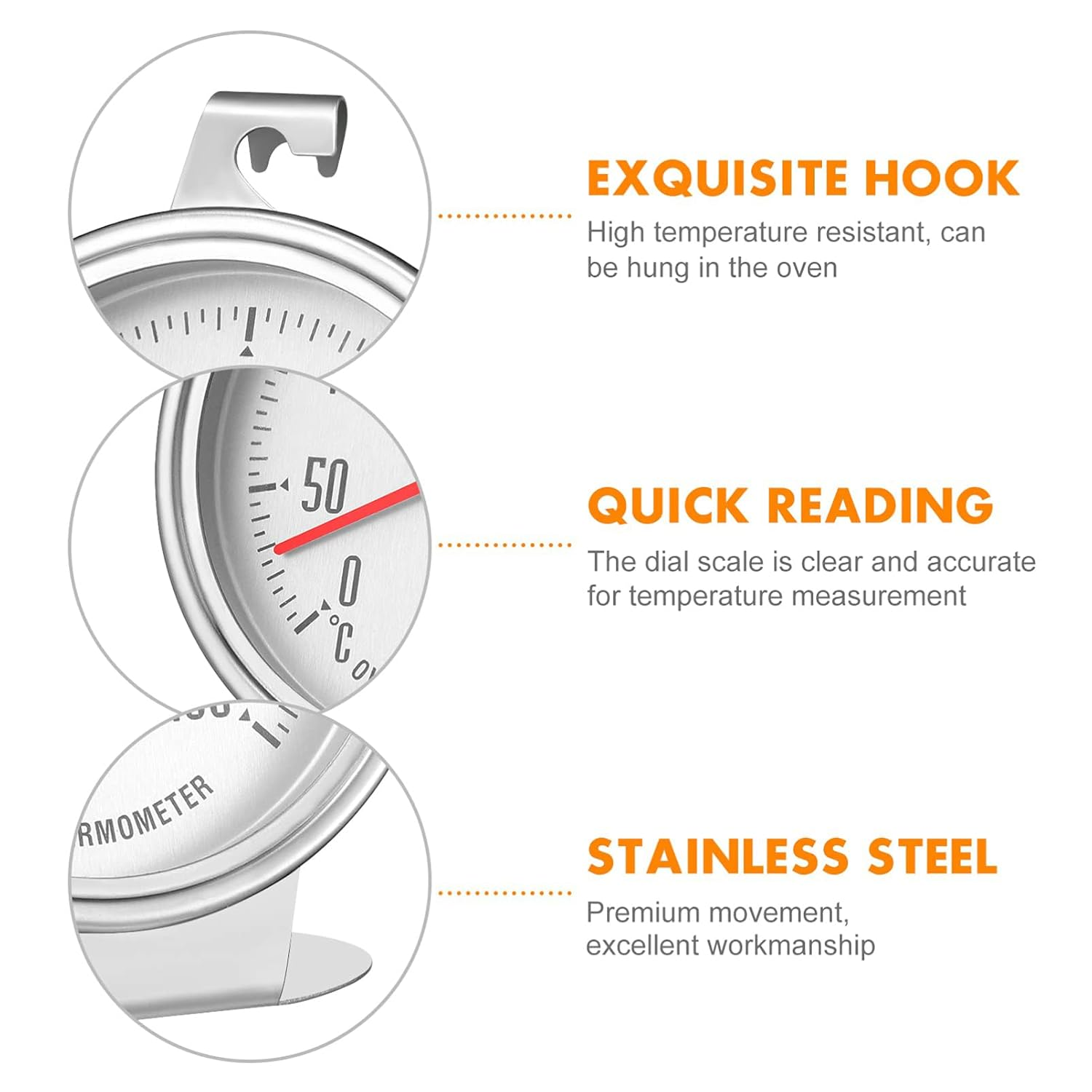 Oven Thermometer, 0-400&deg;C, Oven Grill Fry Chef Smoker Analog Thermometer Instant Read Stainless Steel Kitchen Cooking Thermometer