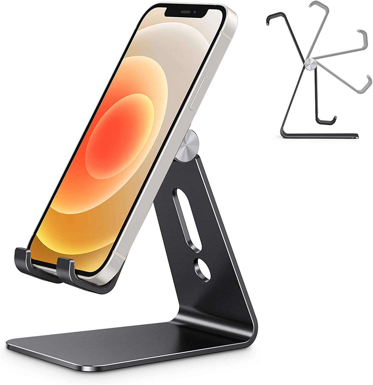 Adjustable Cell Phone Stand, OMOTON Aluminum Desktop Cellphone Stand with Anti-Slip Base and Convenient Charging Port, Fits All Smart Phones (Silver)