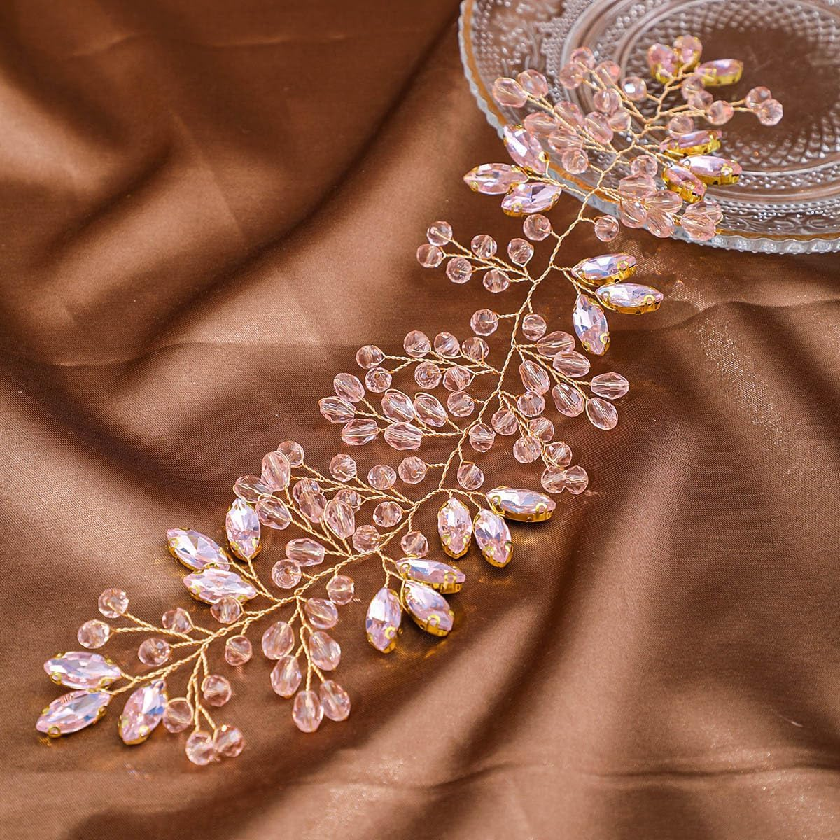 Bride Hair Accessories Pink Crystal Hair Vine Gold Headband Evening Party Prom Women Hair Piece Vintage Wedding (Pink, One Size) image number 1