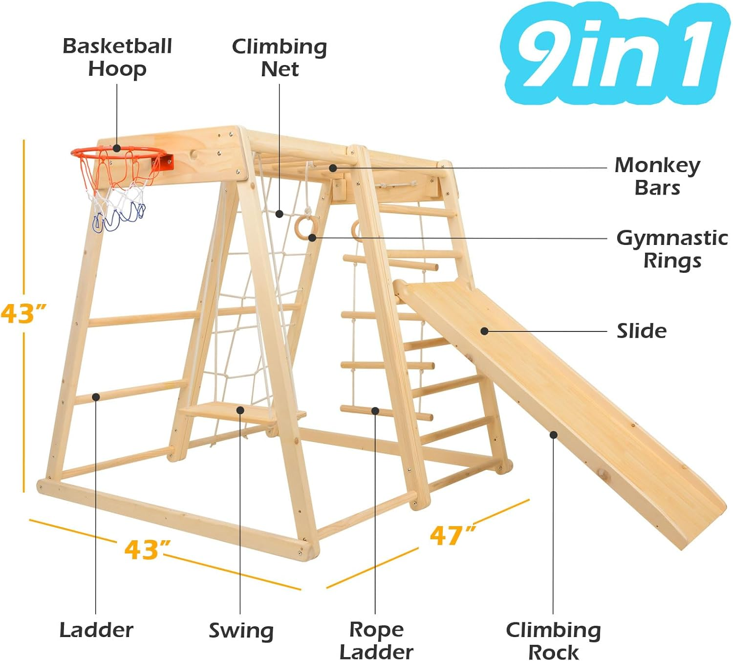 Indoor Playground,Toddler Wood Playset 9-In-1 with Slide,Basketball Frame, Swing, Jungle Gym, Swedish Ladder, Monkey Bars, Rope Ladder, Rock Wall Dome for Ages 1.5-8 image number 2