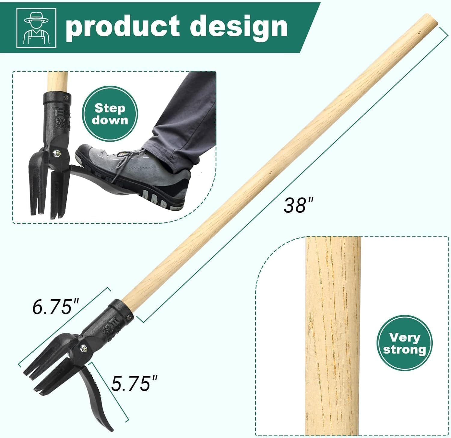 Weed Puller Tool Stand up Heavy Duty Weeding Tool with Long Wooden Handle and 4-Claw Steel Head, Easily Remove Weeds without Bending, Pulling, or Kneeling Garden image number 5