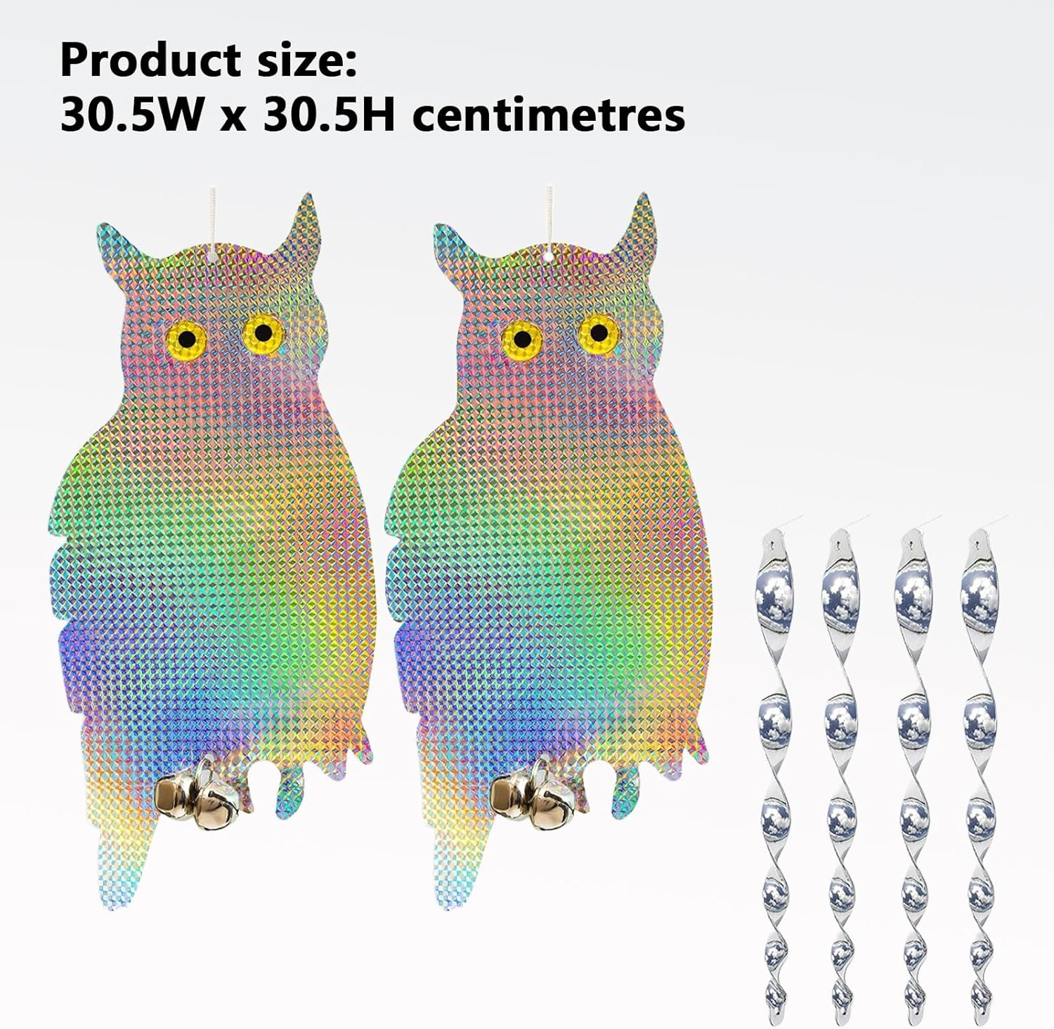 Reflective Owl Bird Deterrent and Repellent for Outdoor Garden Use, Bird Scarer, 2 Pack with Suction Cups and 12 Inch Spiral Rods- CRFY image number 4