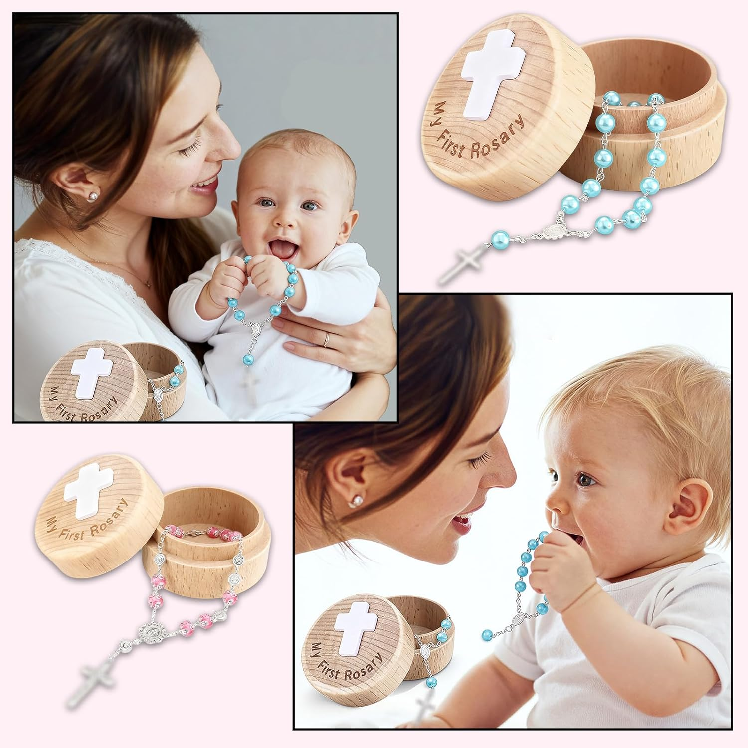 Surnavik Baby'S First Rosary Set - Deluxe Keepsake Memory Box with Pearlized Rosary Bracelet | Catholic Baptism Christening Newborns & Infants (Blue) - White image number 6