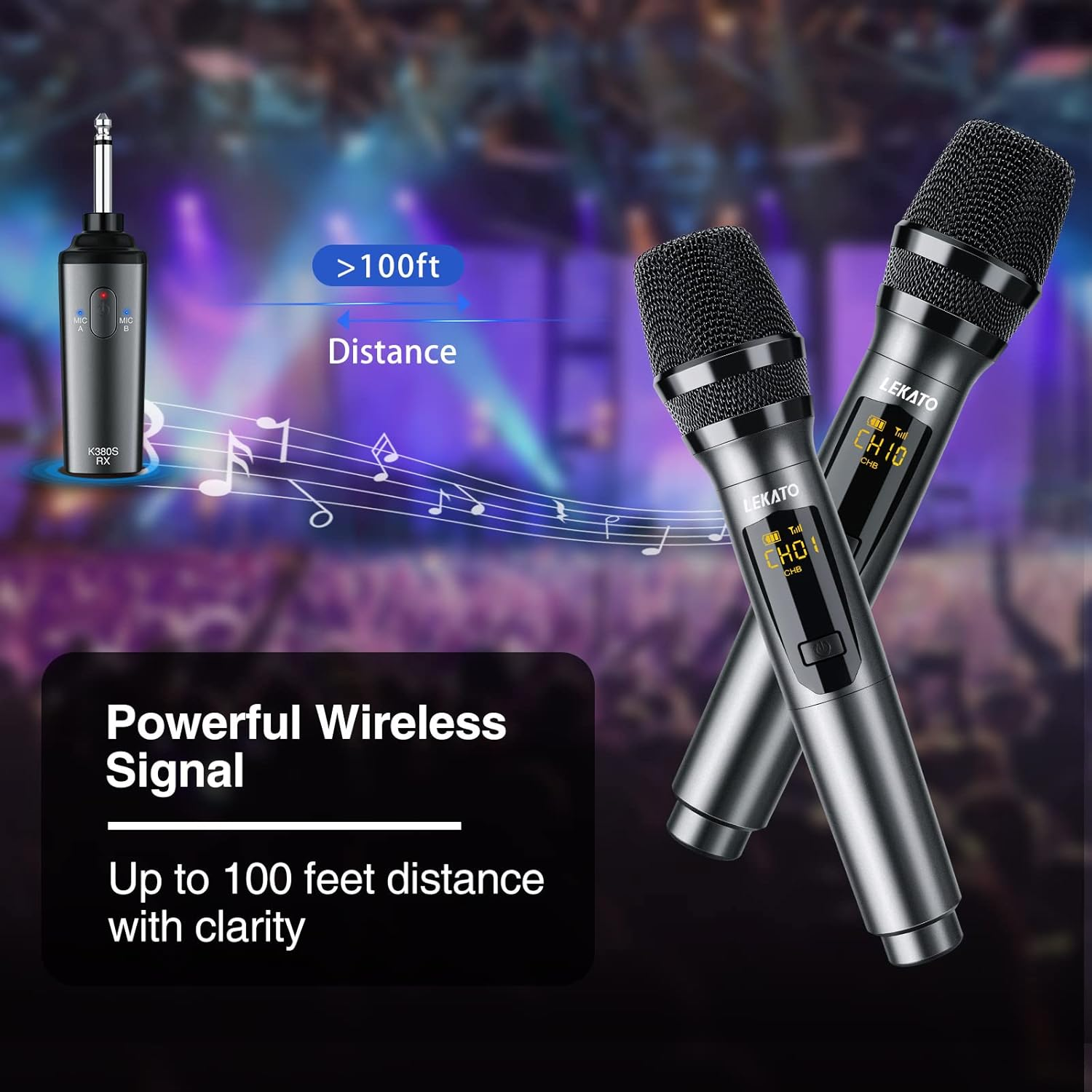 Wireless Microphone, LEKATO Rechargeable Wireless Microphone Metal Dual Handheld Dynamic Mic with Rechargeable Receiver, 1/4'' Plug for AMP, PA System, Karaoke, Singing, Party, Church, Wedding image number 3
