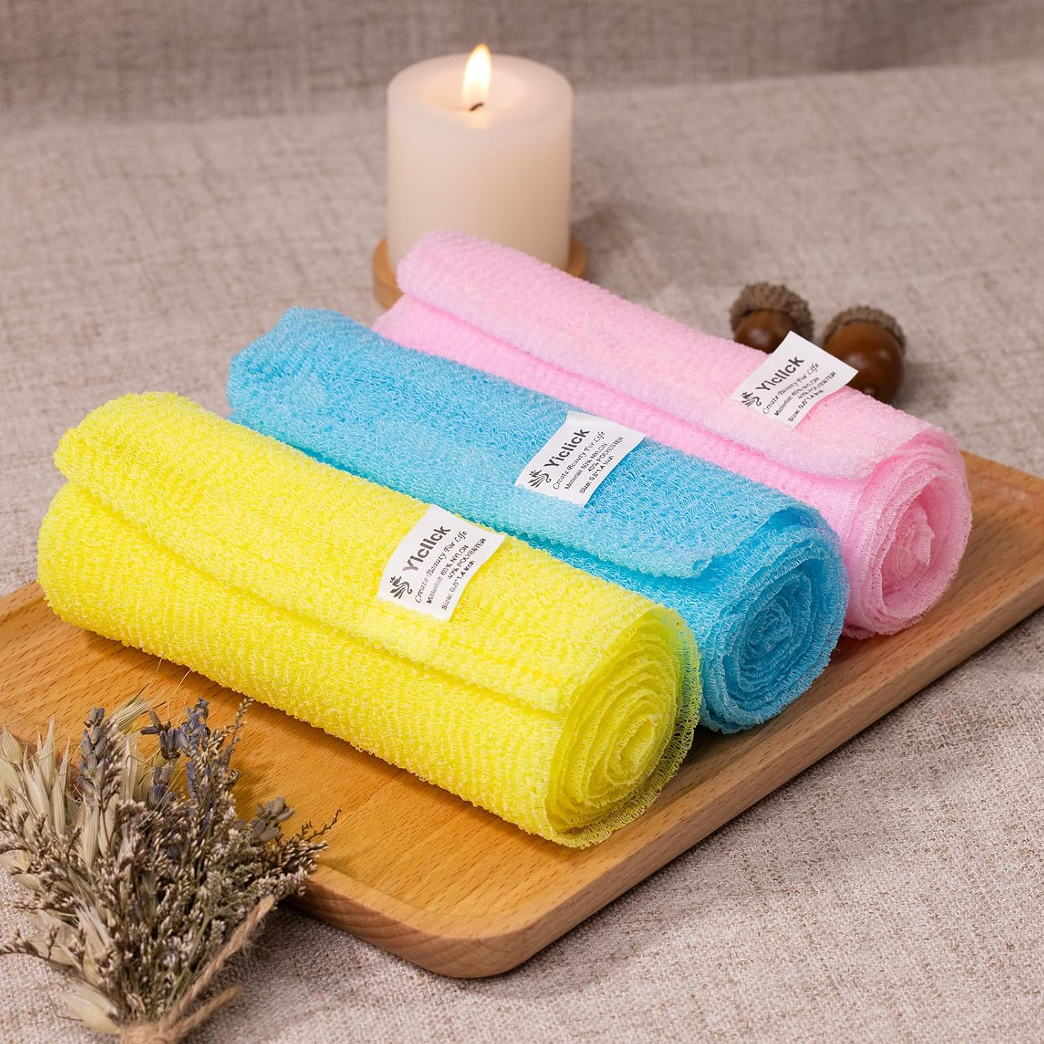Yiclick Exfoliating Washcloth Towel [3 Pack], Japanese Exfoliating Bath Wash Cloth, Korean Back Scrubber Washer, African Net Sponge Brush Loofah Exfoliator (Multicolor) image number 4