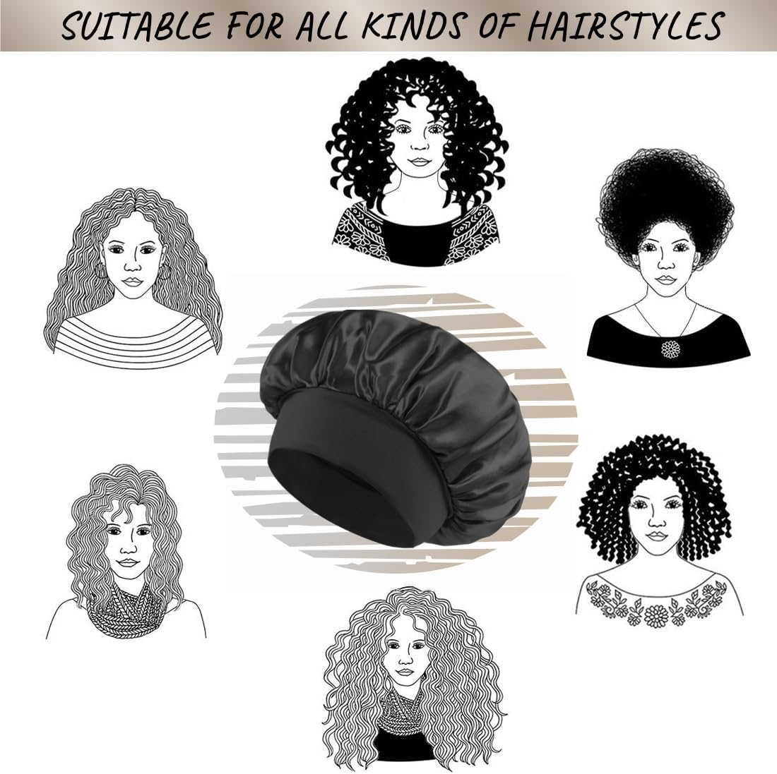 Black Silk Bonnet for Women Curly Hair Cover Satin Bonnets for Sleeping Large Satin Sleep Cap Head Cover Wide Band Silk Night Hats image number 2