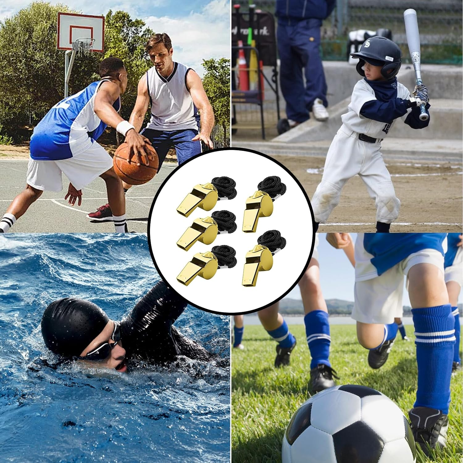 Whistle,6 Pcs Stainless Steel Sports Whistles,Coach Whistles Metal Whistle with Lanyard,For Whistle Sport,For Referees, Coaches, Polices, Training, Outdoor Sports and Emergency (Gold) image number 2