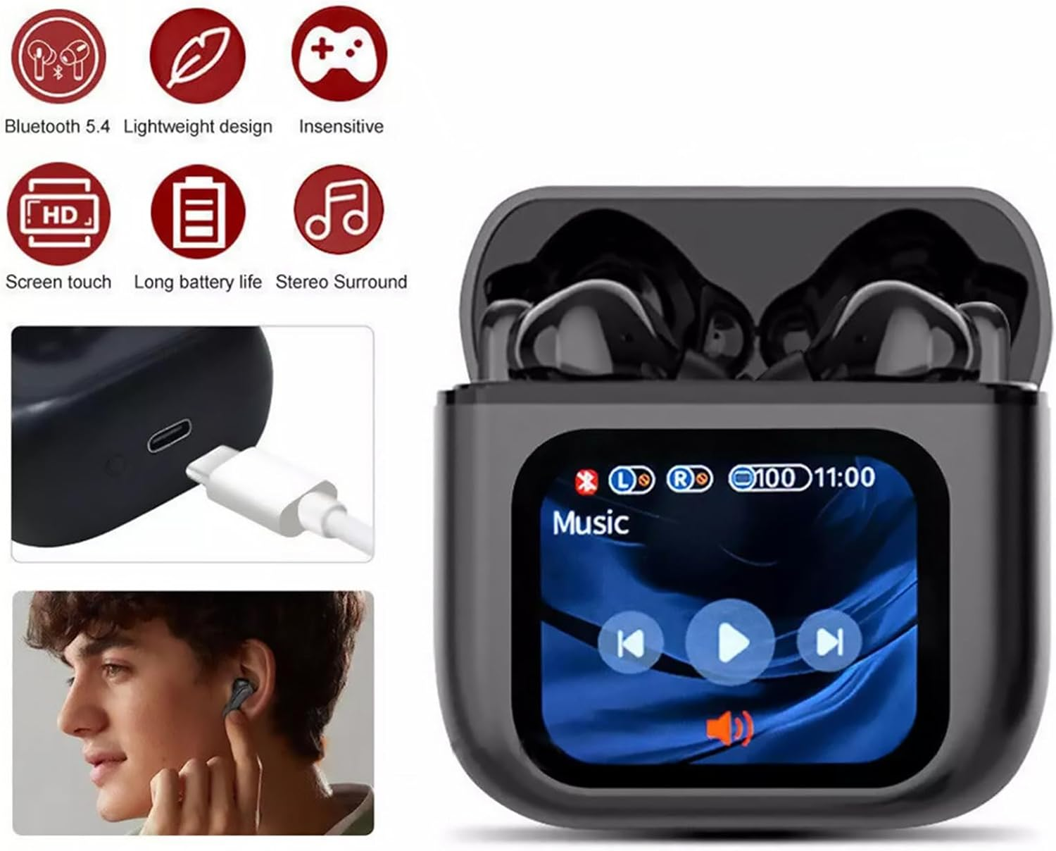 BT5.4 Wireless Earphones LCD Touchscreen Stereo Sound Noise Reduction Support Multi-Language Remote Control Find Earbuds image number 3