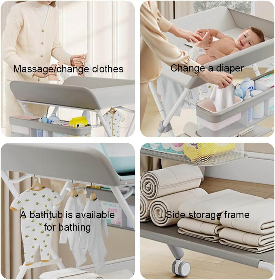 Portable Diaper Changing Table, Foldable Changing Table with Wheels 3-Level Adjustable Height Multifunctional Foldable Bathing Bed Diaper Changing Massage Table W/Storage image number 6