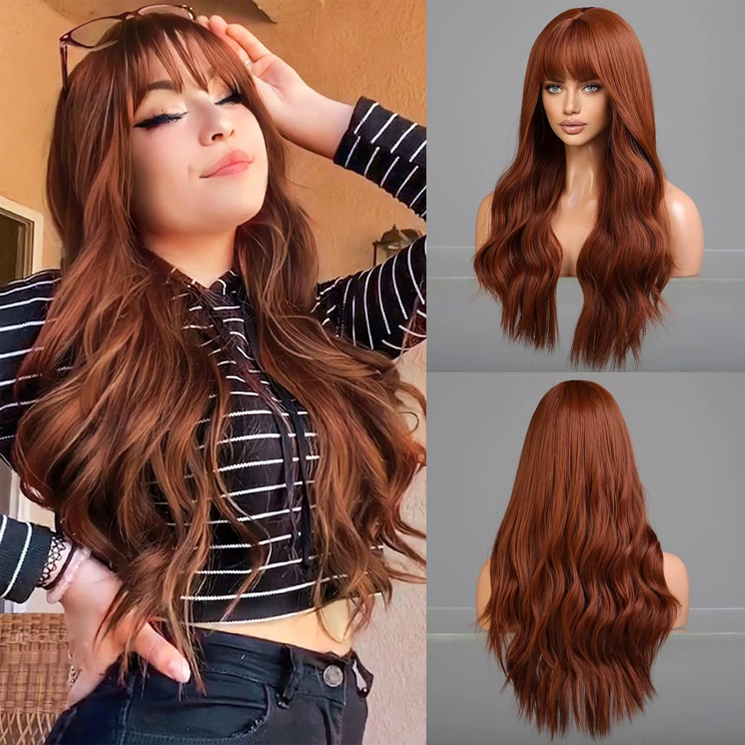 Long Wavy Red Brown Wig Copper Ginger Long Hair Micro Volume Wigs with Natural Wave with Fringe, Natural Looking Synthetic Wig for Daily/Party/Role Play 66 Cm