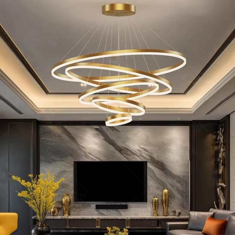 BAMDECOR Modern LED Chandelier, Dimmable Pendant Light with Remote Control Rings round Ceiling Lighting Fixture 3 Color Temperatures Contemporary Chandeliers (5 Rings-Gold) image number 4