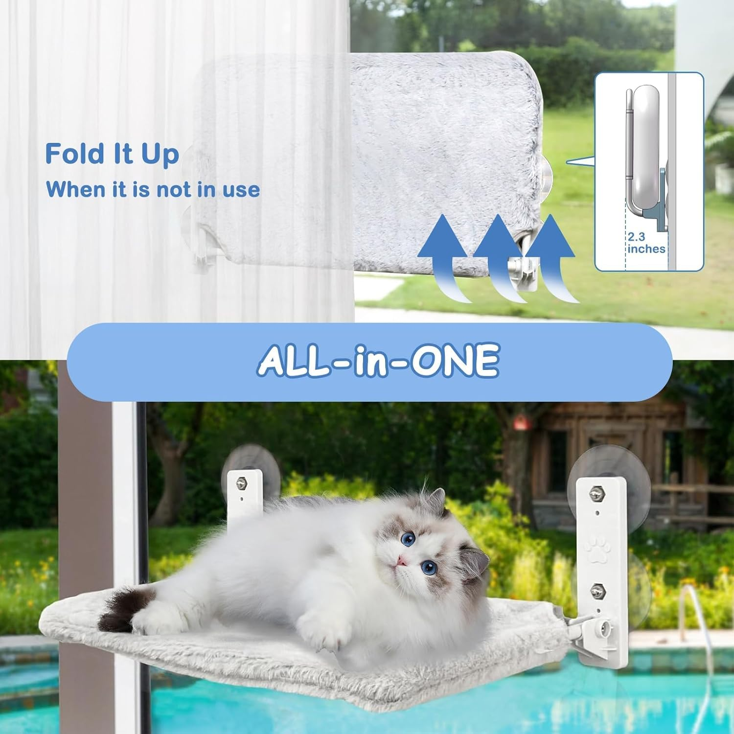 Foldable Cat Window Bed, Soft Cat Window Perch with Strong Suction Cups, 52X30Cm Cat Windowsill Seat with Replaceable Soft Cushion, Sturdy Holds up to 20Kg (Grey & Plush Fabric)