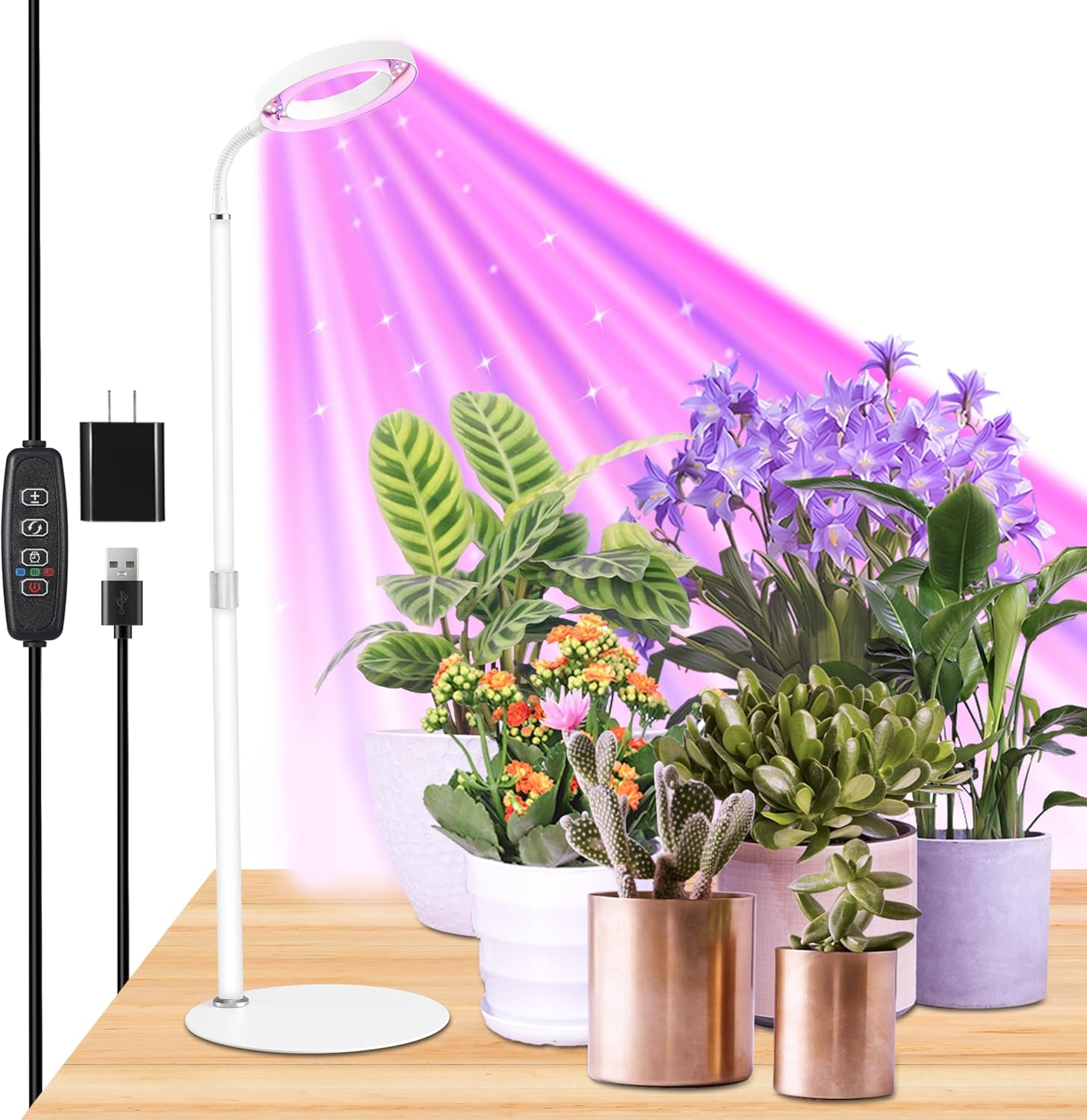 Black Desk Grow Light for Indoor Plants, Full Spectrum Red Blue White Light Plant Light with Base, Grow Lamps with 3/9/12H Timer, 13"-23.5" Height Adjustable, 10 Brightness Levels