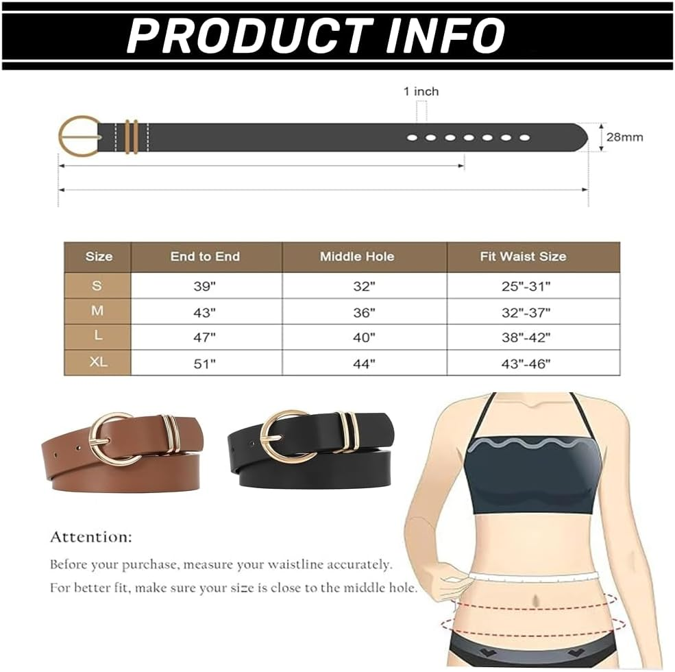 2 Pack Women'S Leather Belts, Casual Waist Belt for Jeans/Dresses, Fashion Gold Buckle Ladies Dress Belt for Jeans Dresses Pants Ladies Leather Waist Belt with Gold Buckle,Fashion Womens Belt image number 1