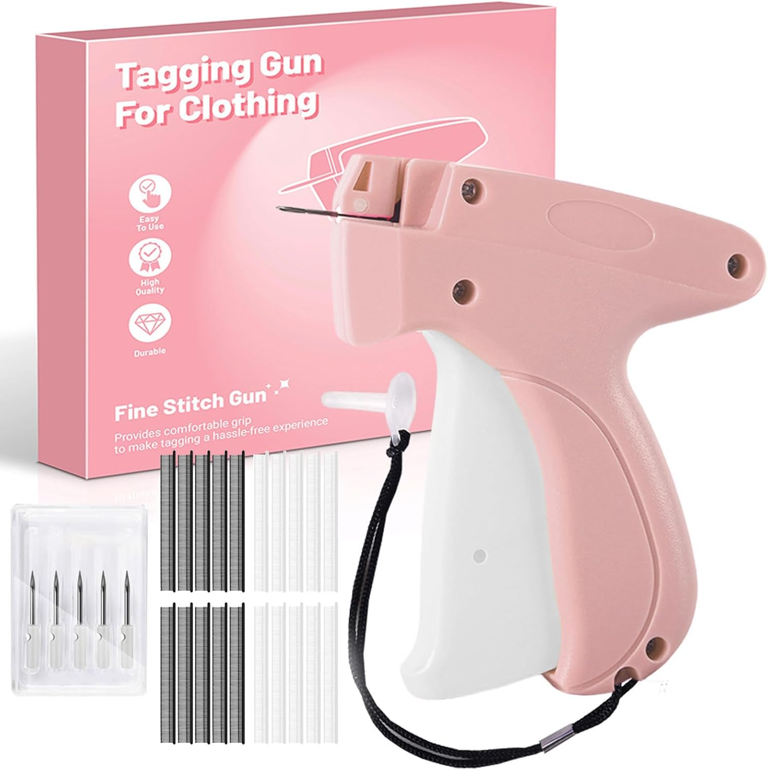 Pearyaest Handheld Stitch Gun for Clothes,Quick Clothing Fixer with 5 Needles,Mini Tagging Gun for Sewing,Hemming,Quilting1000 Black Fasteners & 1000 White Fasteners,Mini Sewing Kit Micro(Pink) image number 6